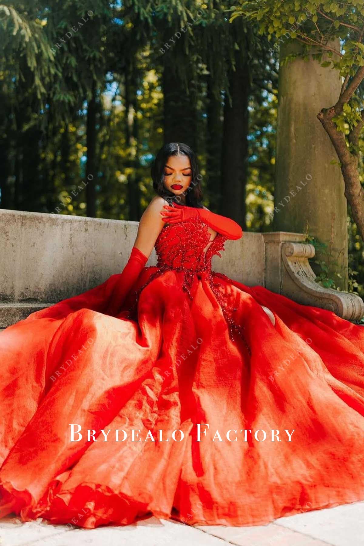 red beaded puffy a line prom dress