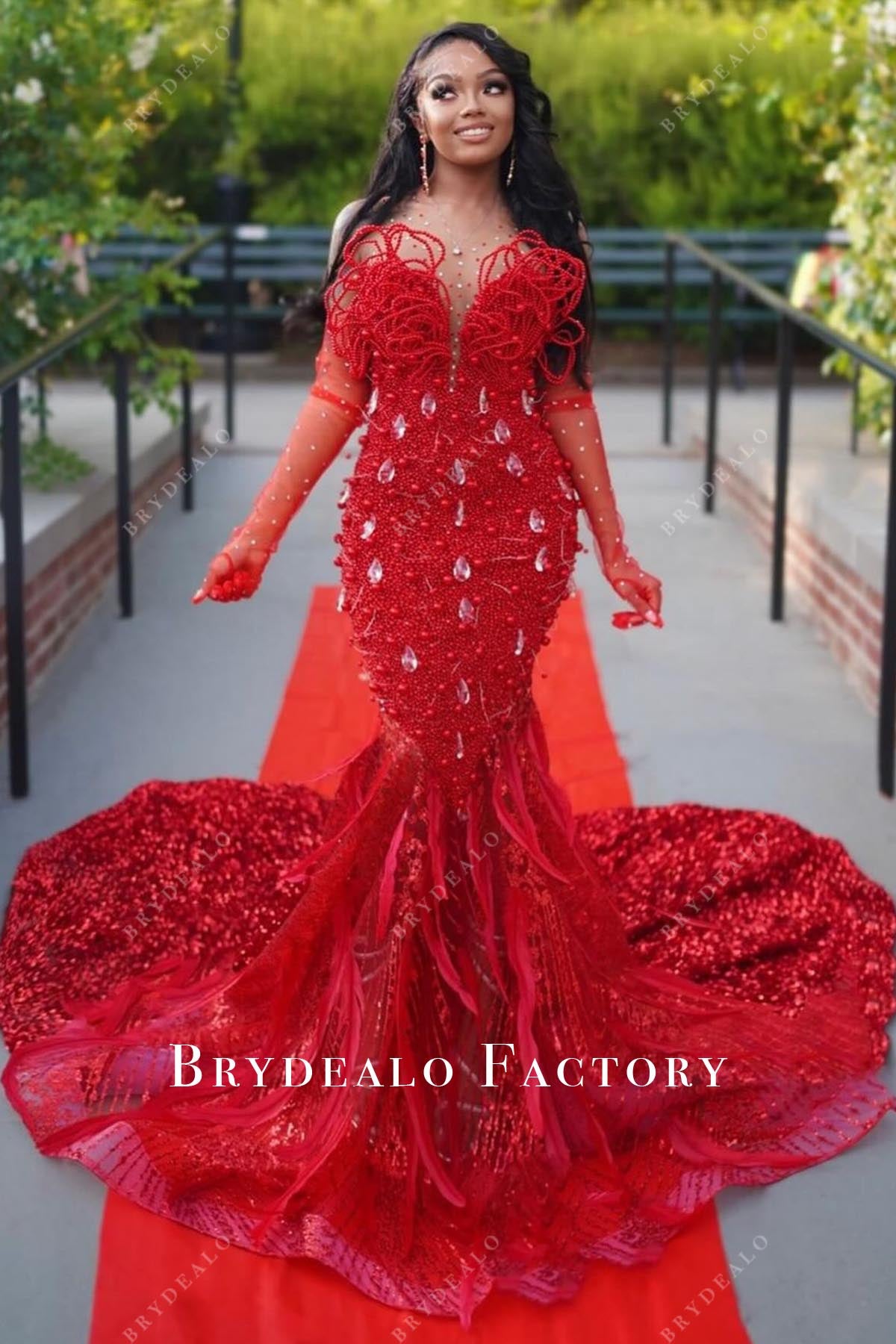 strapless open back dress Crystals Red Beaded Illusion Neck Trumpet Prom Dress, Dress Only