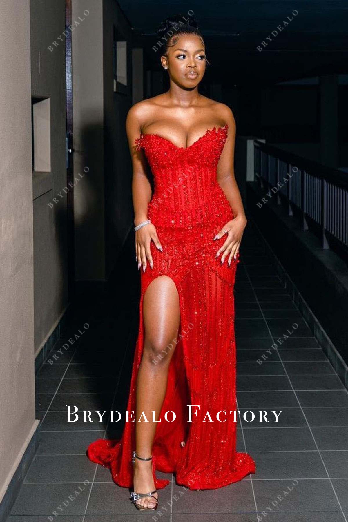 Red Sequined Beaded Strapless Corset Slit Prom Dress