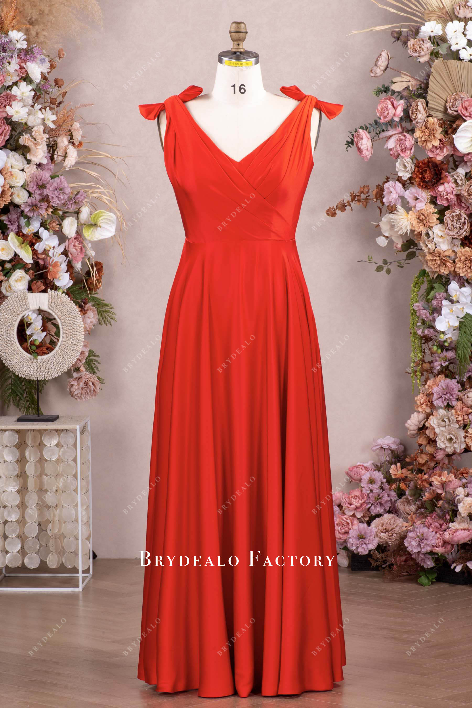 High Quality Satin Red Bowknot Shoulder V-neck Evening Dress High Quality Satin Red Bowknot Shoulder V-neck Evening Dress