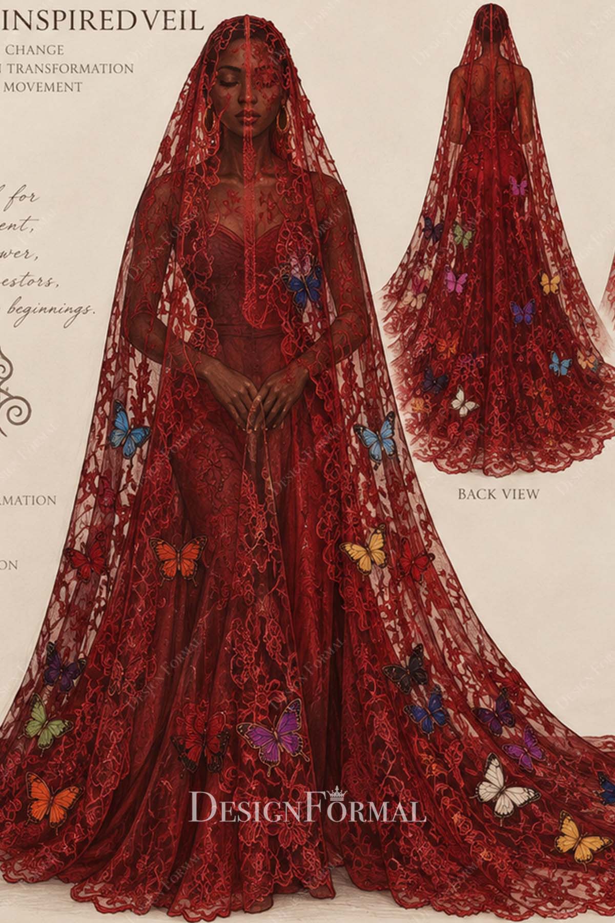 red butterfly lace bridal veil