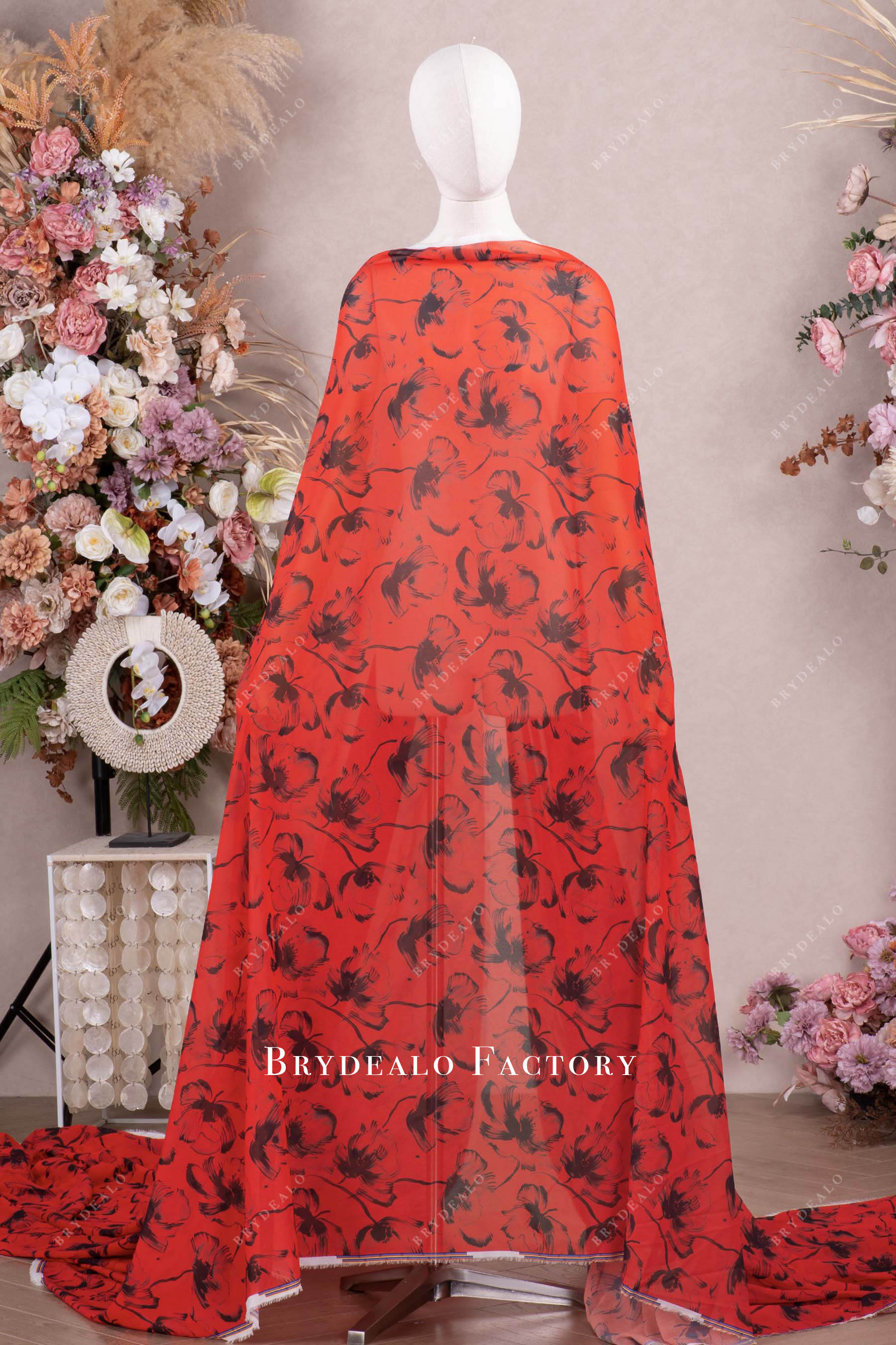 red chiffon black floral fabric