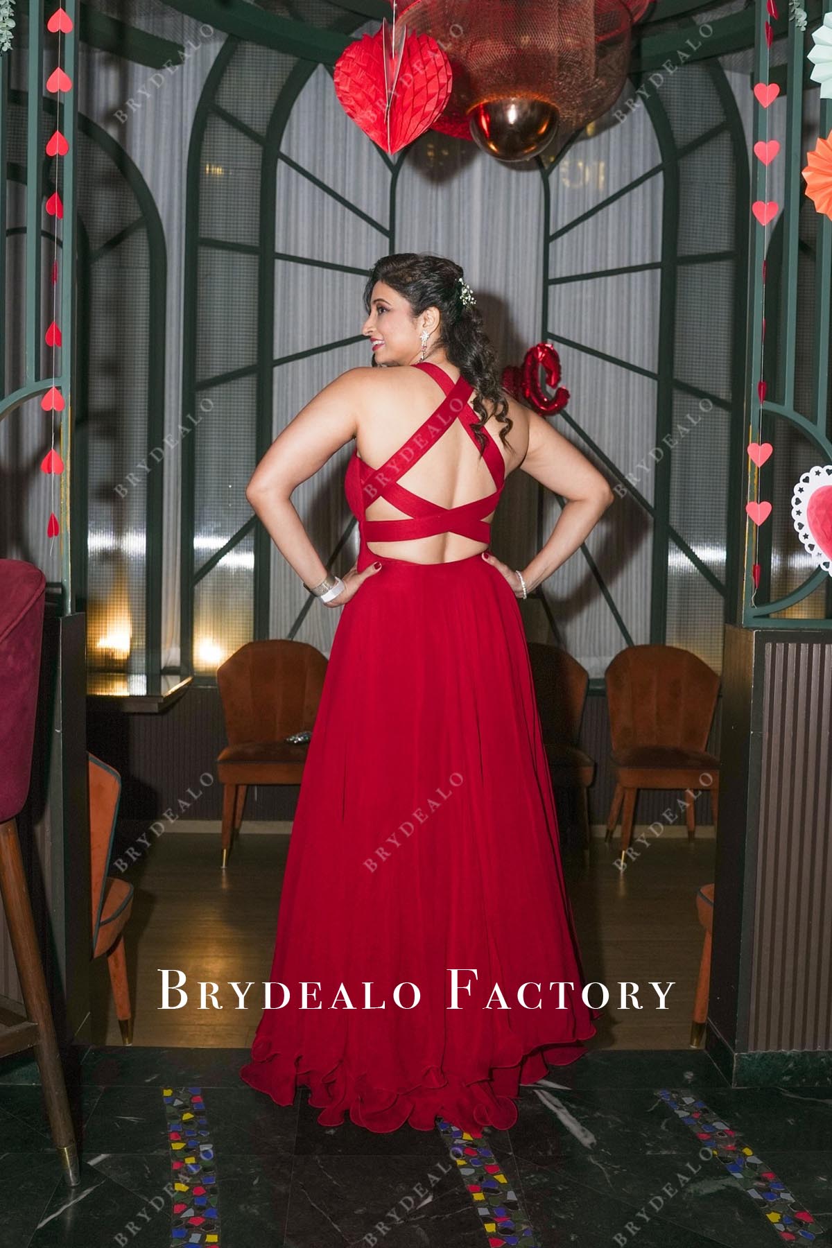 red chiffon crisscross back prom dress