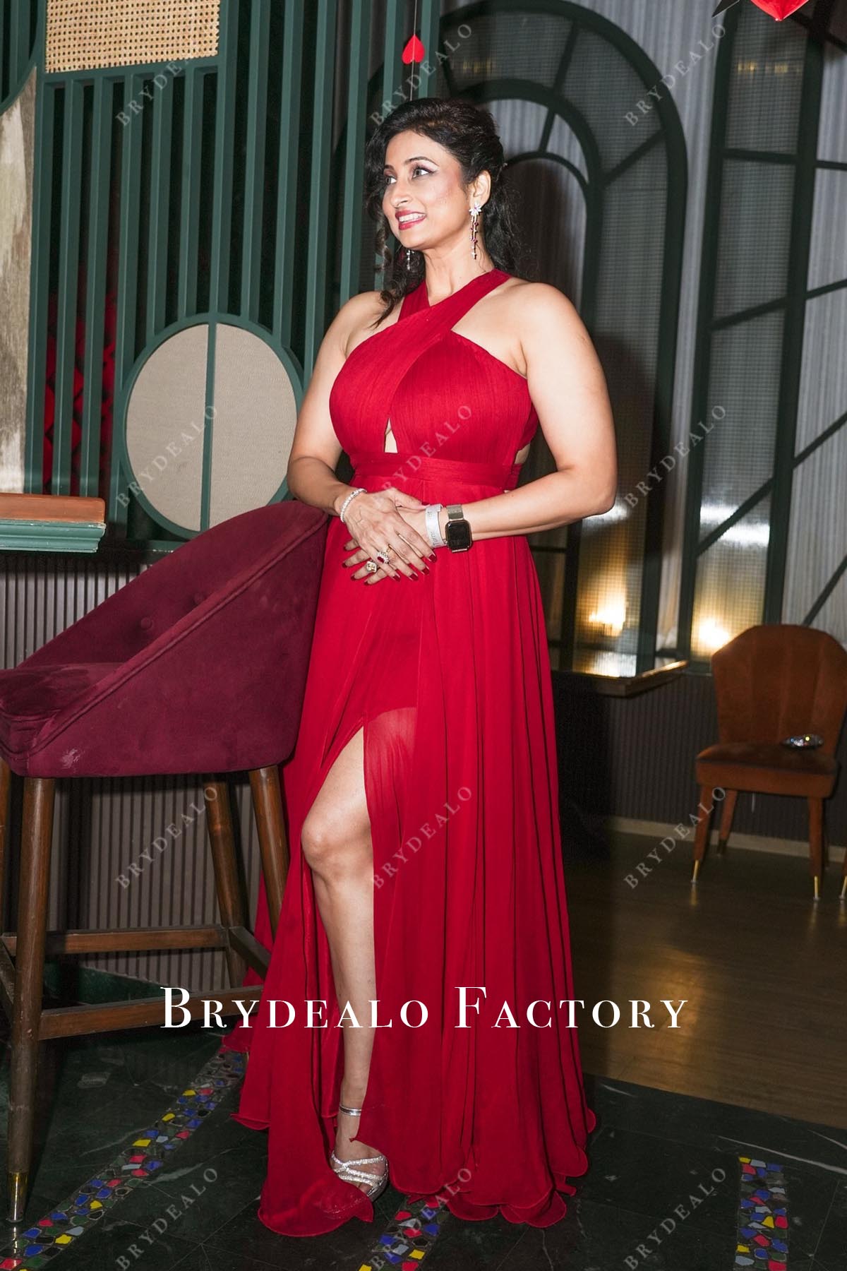 red chiffon sleeveless prom dress