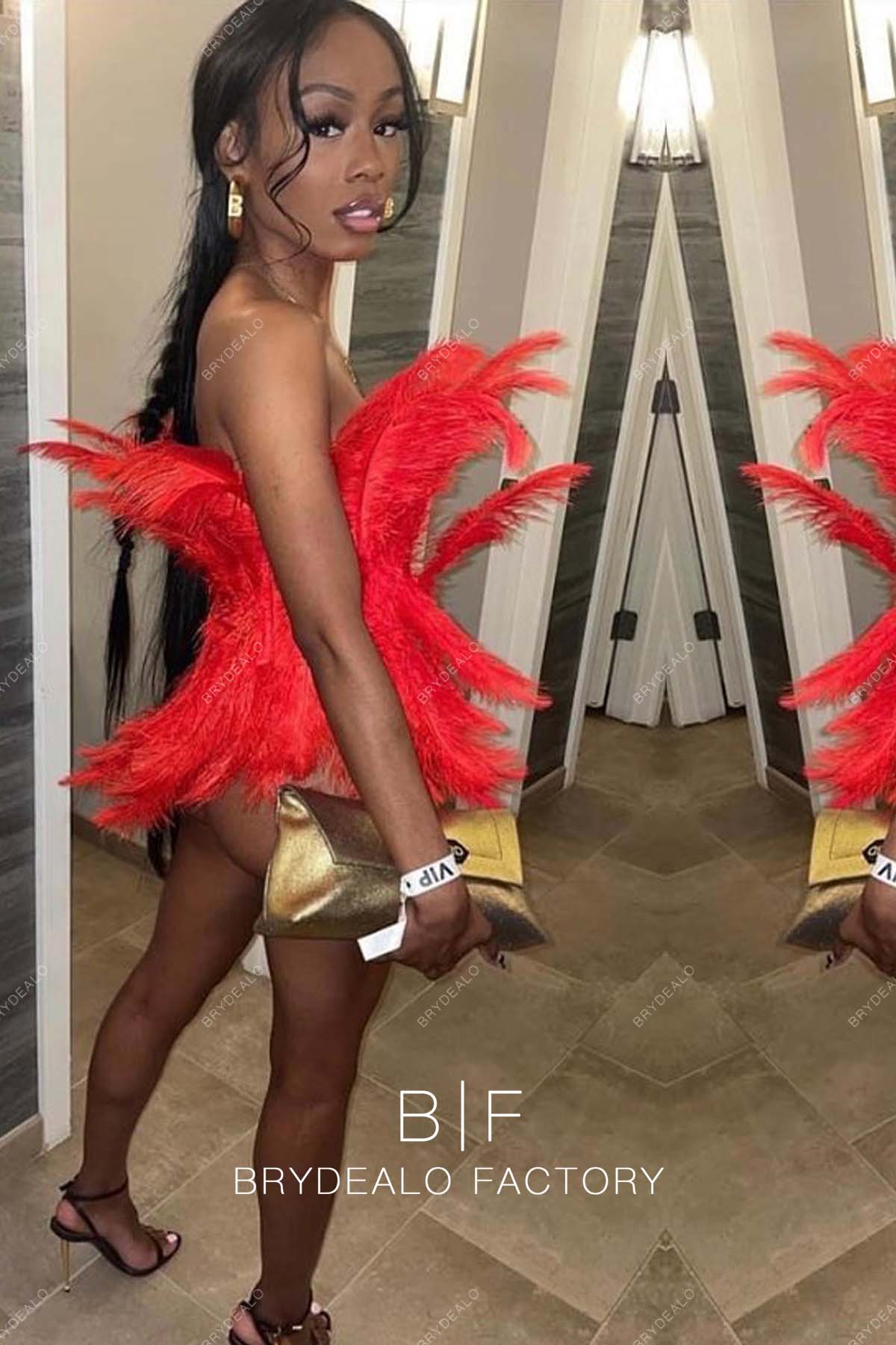 Noble Strapless Red Big Ostrich Feathers Top Mini Cocktail Dress