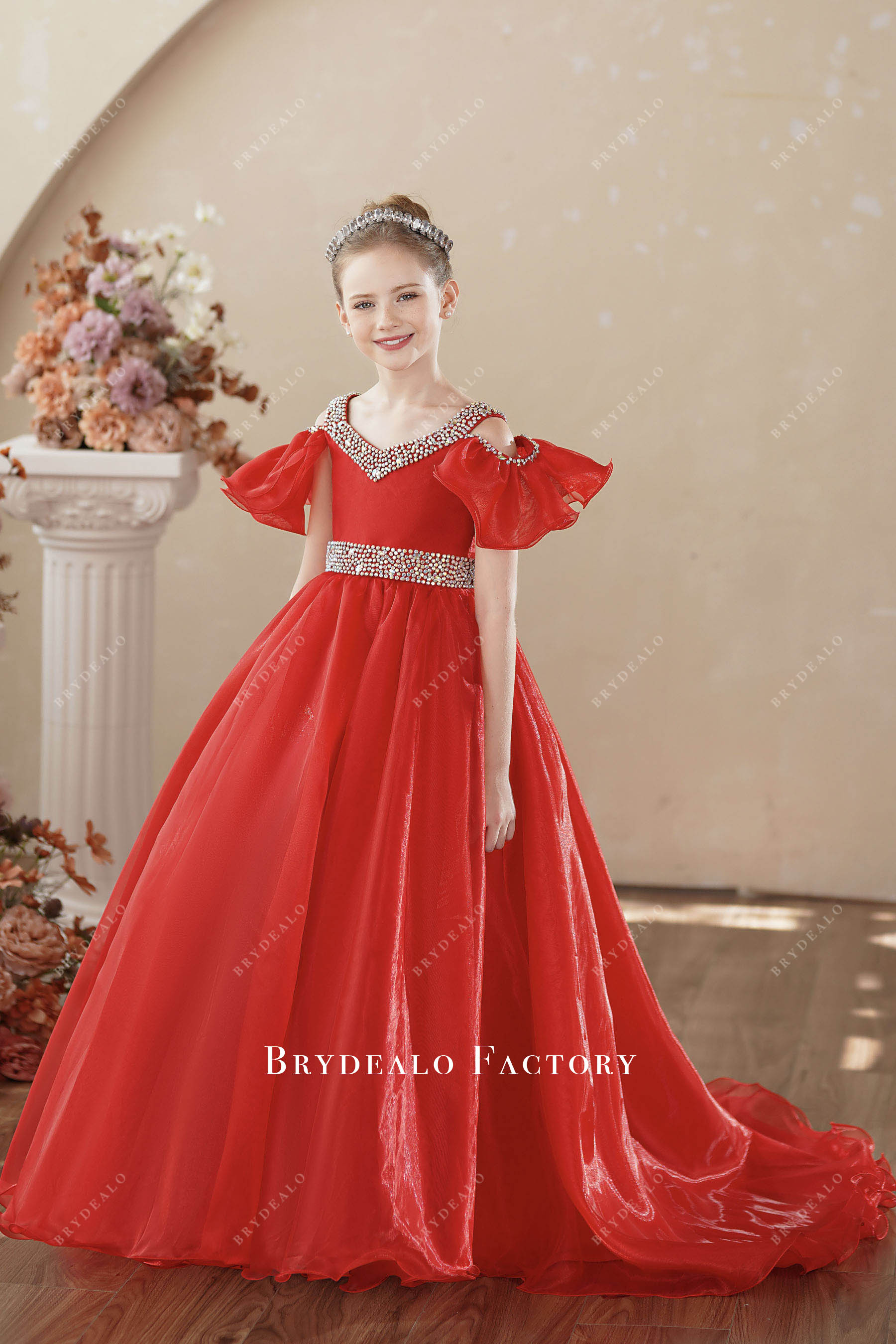 red organza cold shoulder kids pageant dress