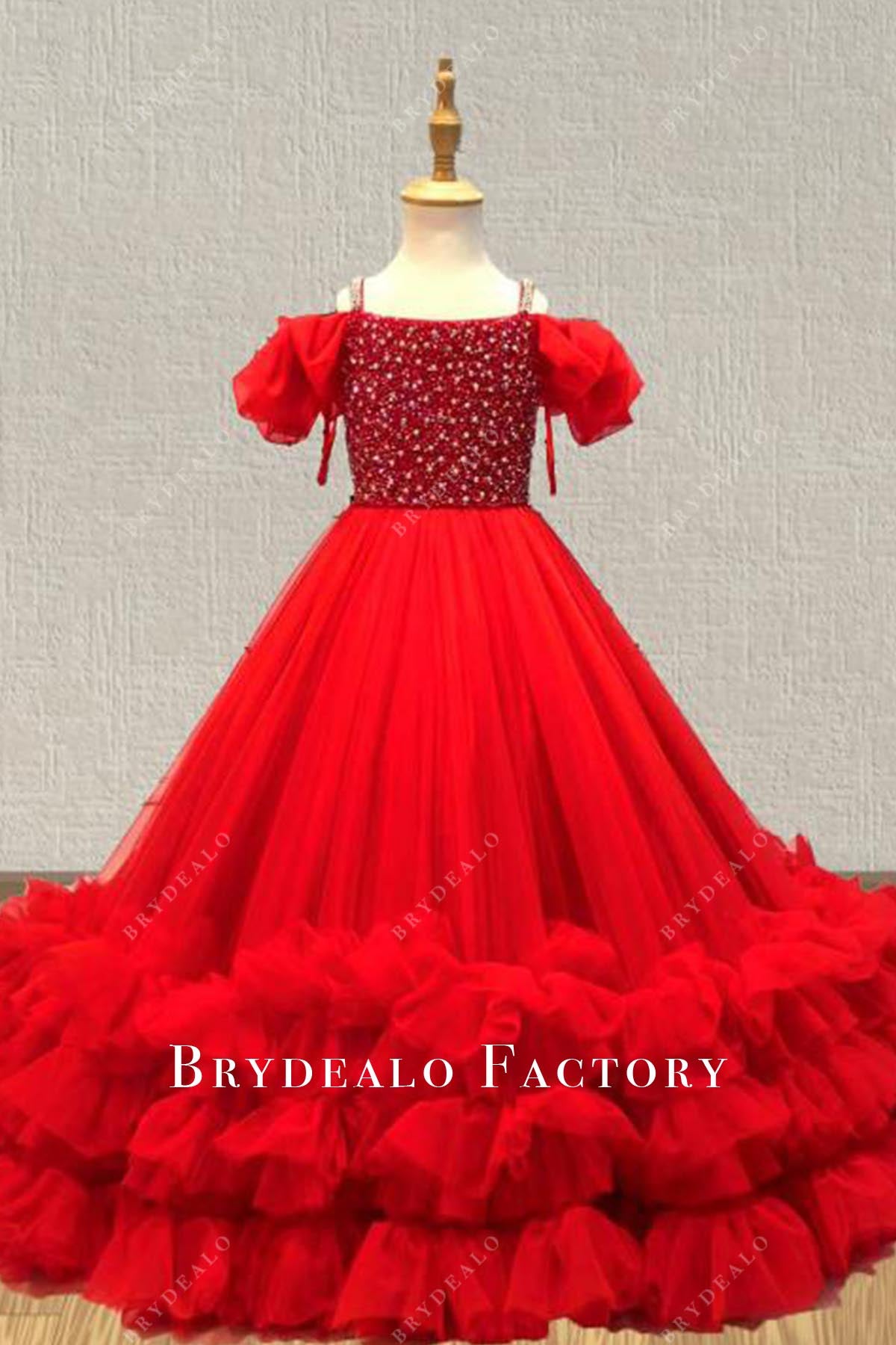 Beaded Red Cold Shoulder Sleeves A-Line Pageant Dress