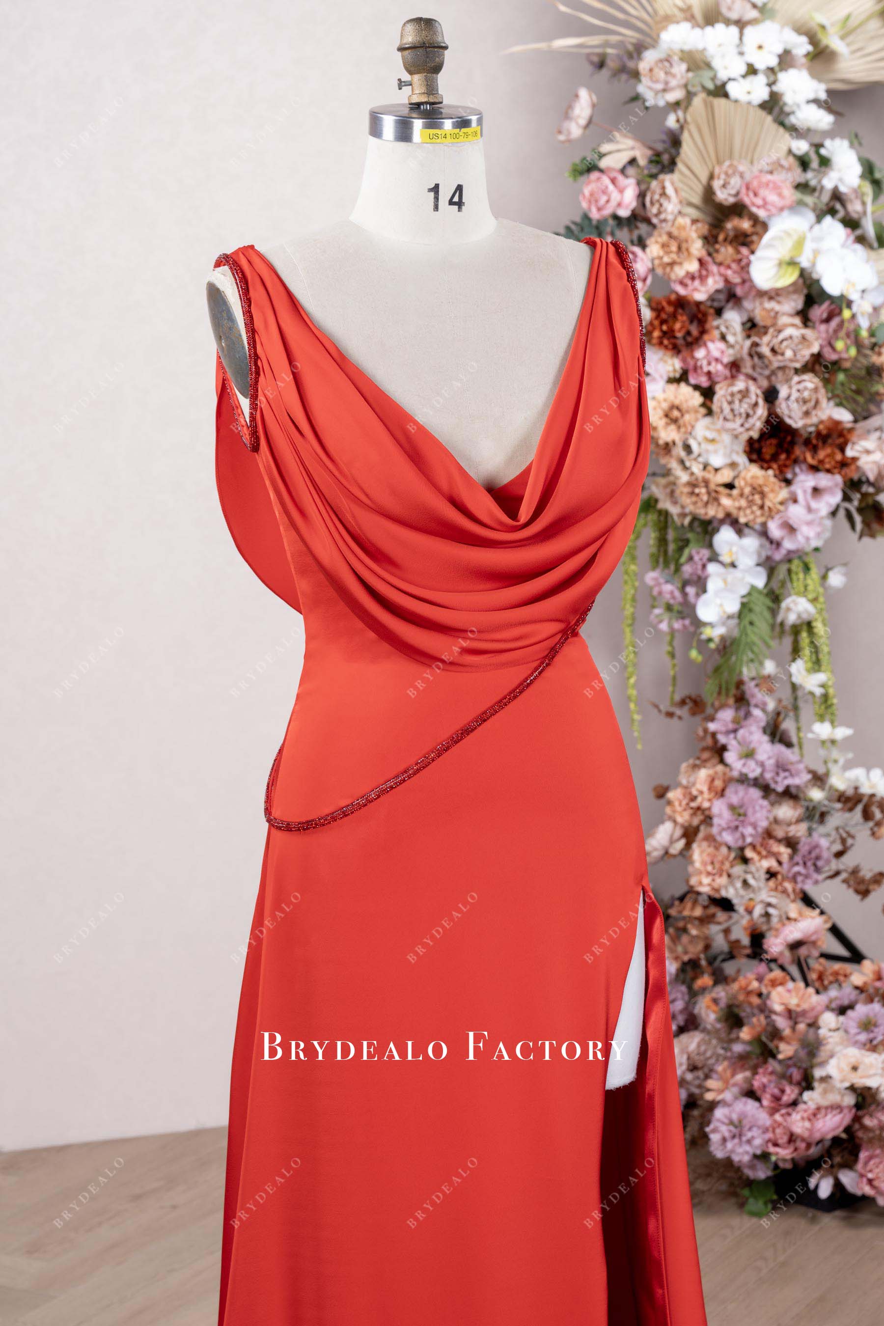 red cowl neck celebrity dress