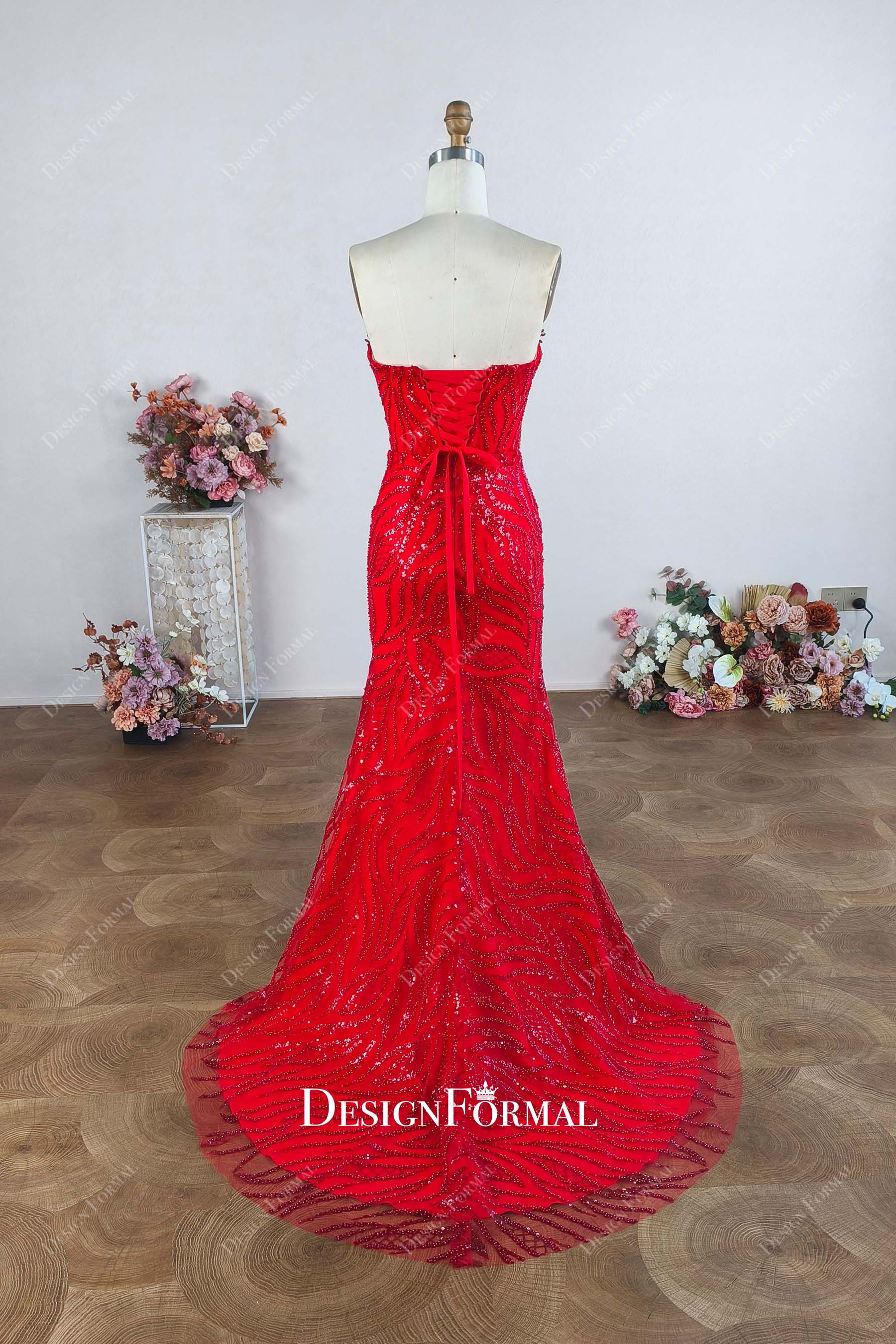 red custom mermaid court train prom dress