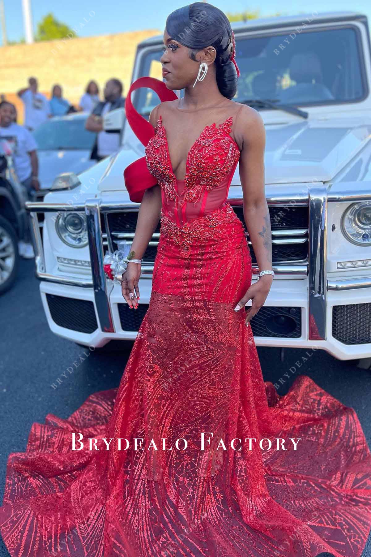 red glitter illusion neck prom dress