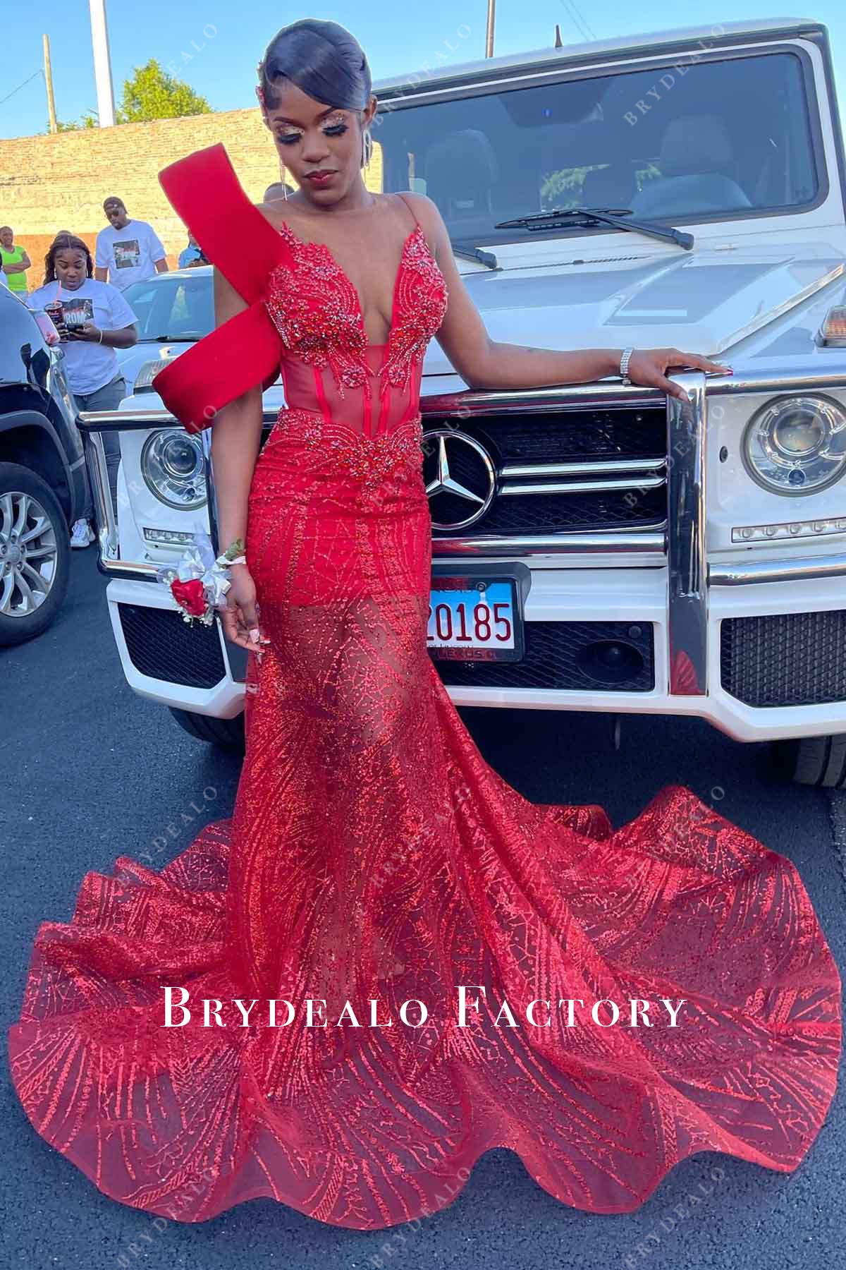 red glitter sleeveless prom dress