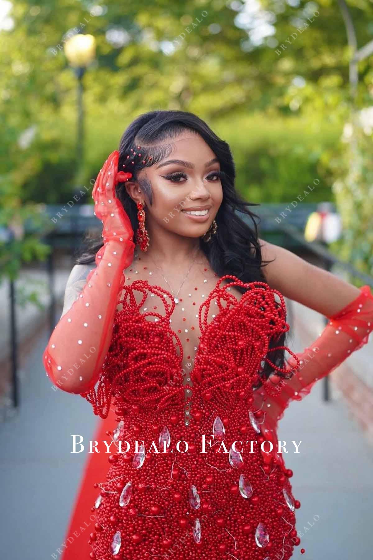 red illusion neck trumpet prom dress