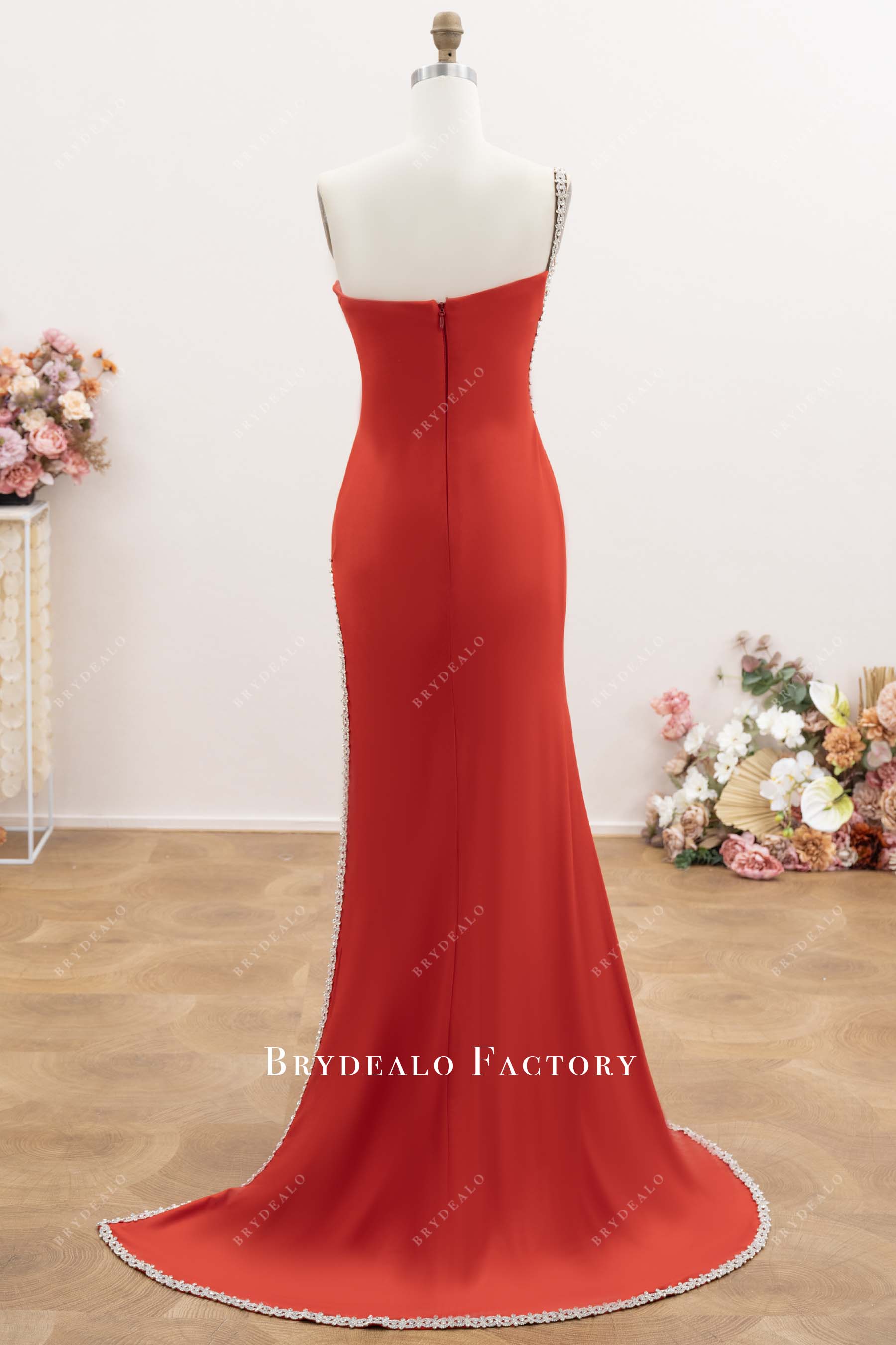 red jersey court train formal dress
