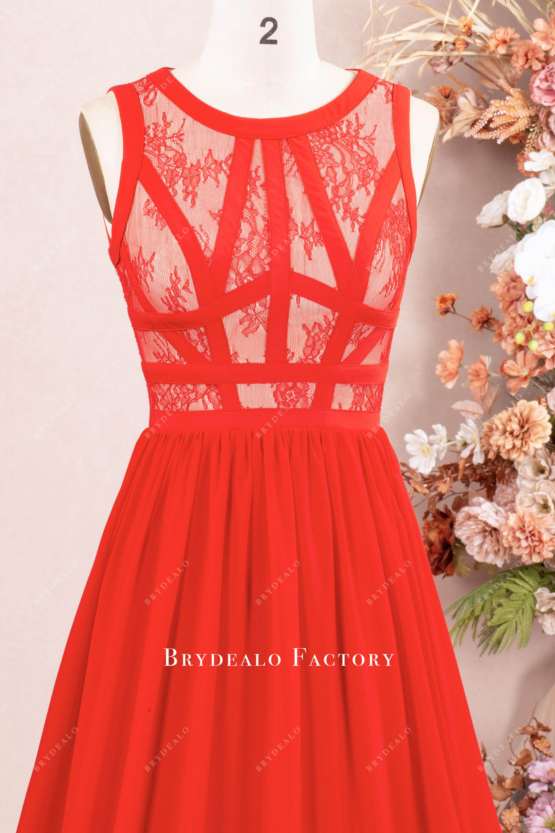 red jewel neck lace formal celebrity dress