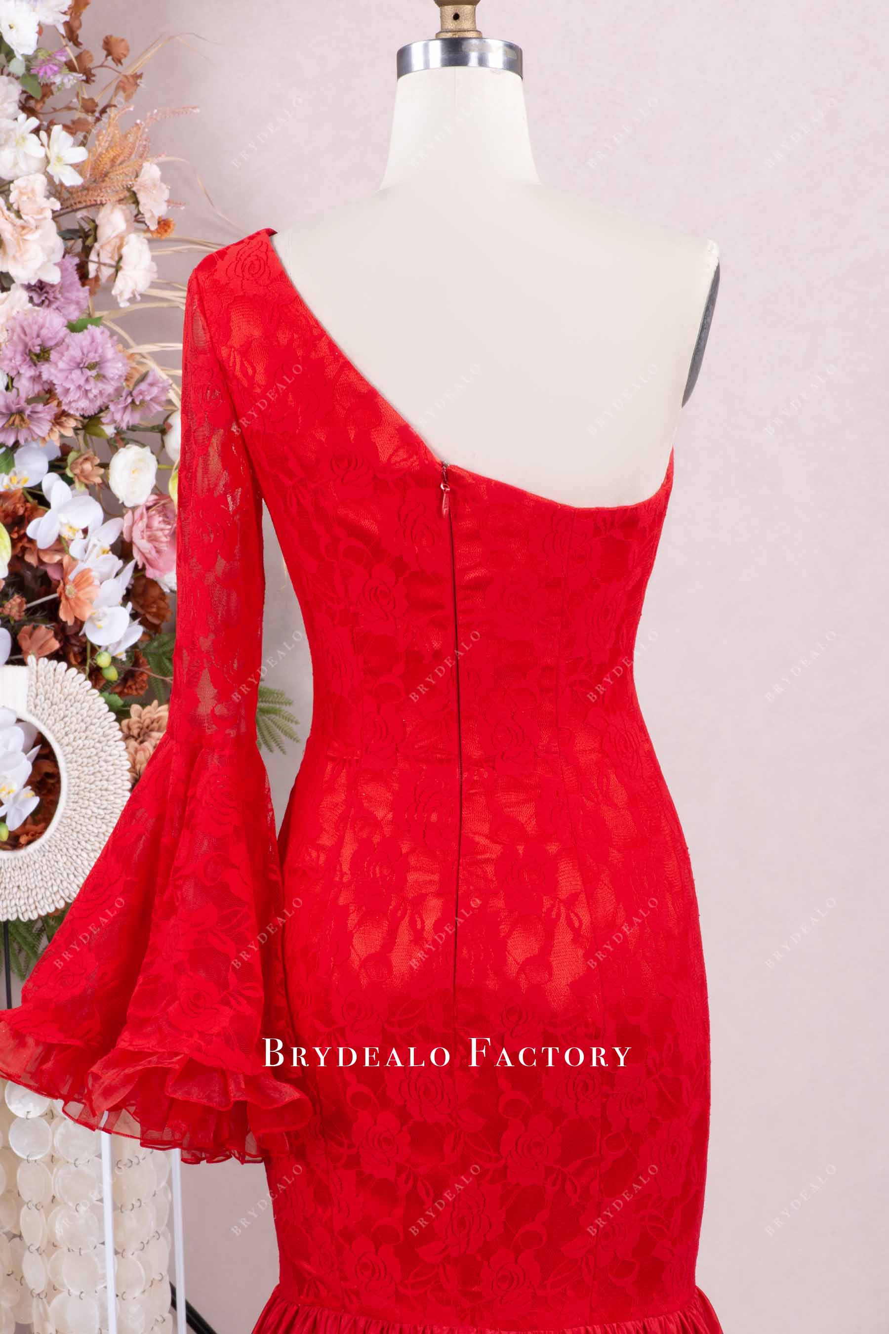 red lace bell sleeve evening dress