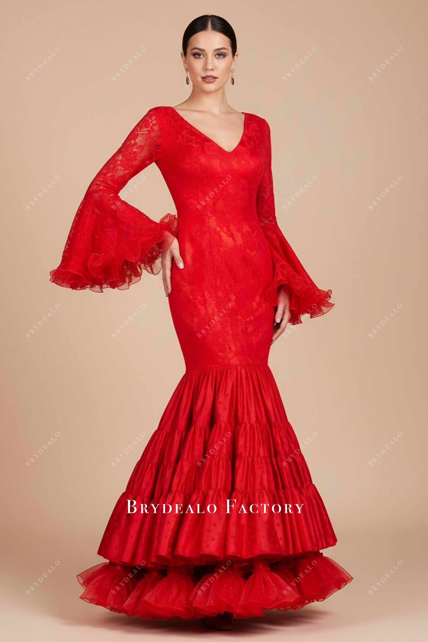 Red Lace V-Neck Tiered Trumpet Prom Dress