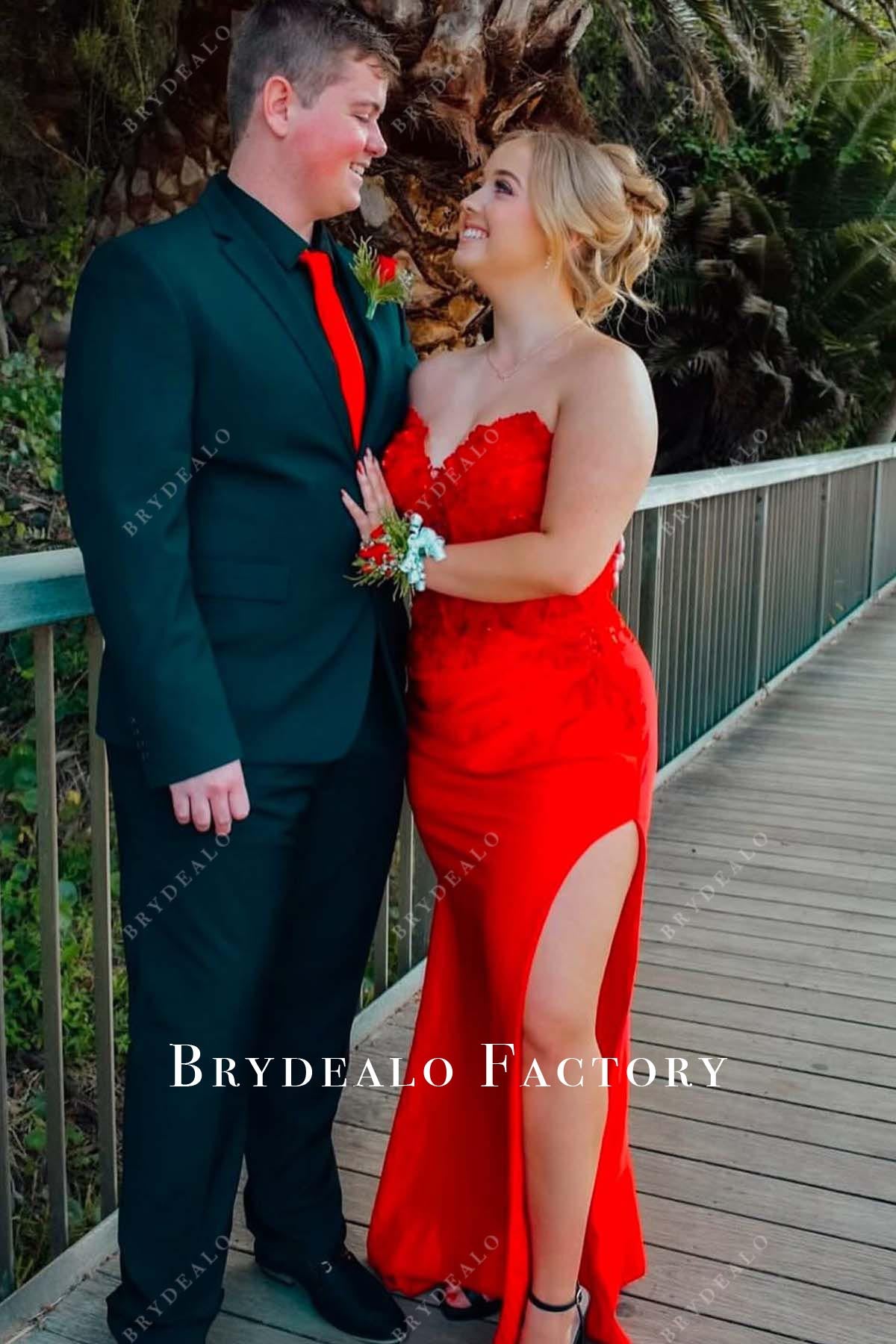 red lace strapless slit prom dress
