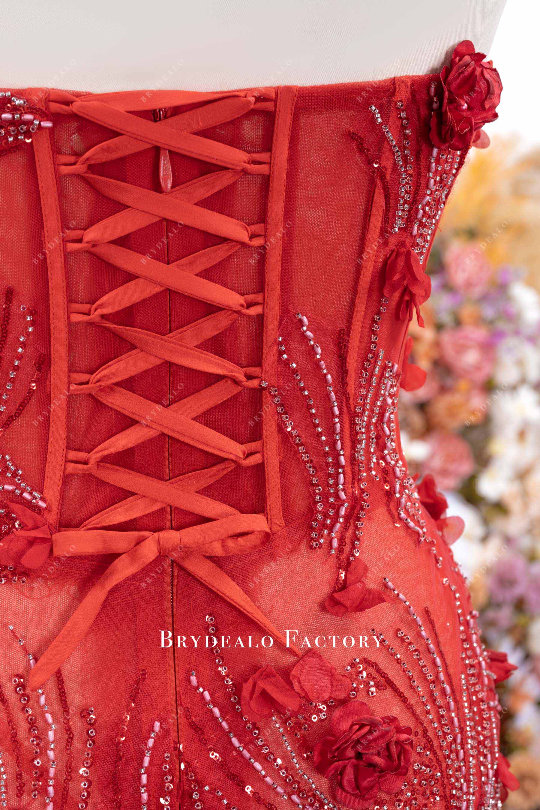 red lace up back formal gown