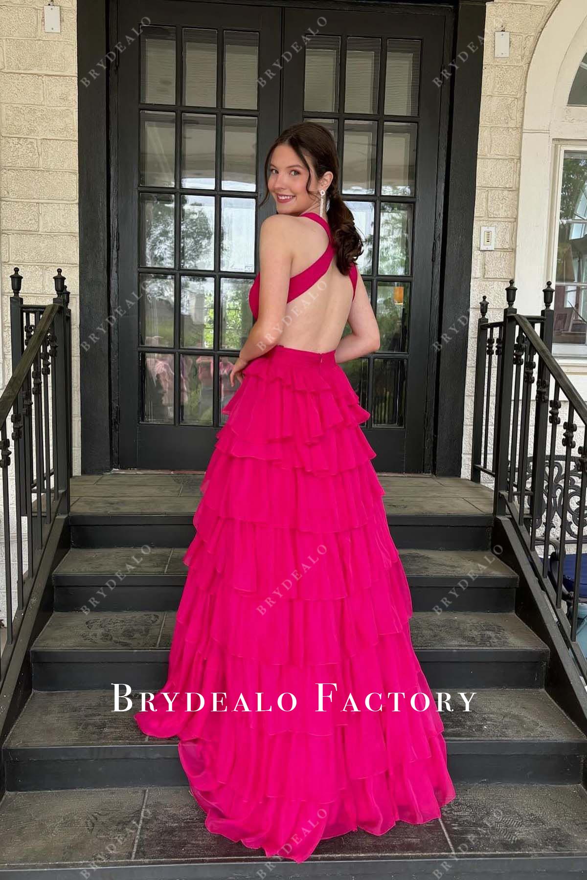 red layered a line prom dress