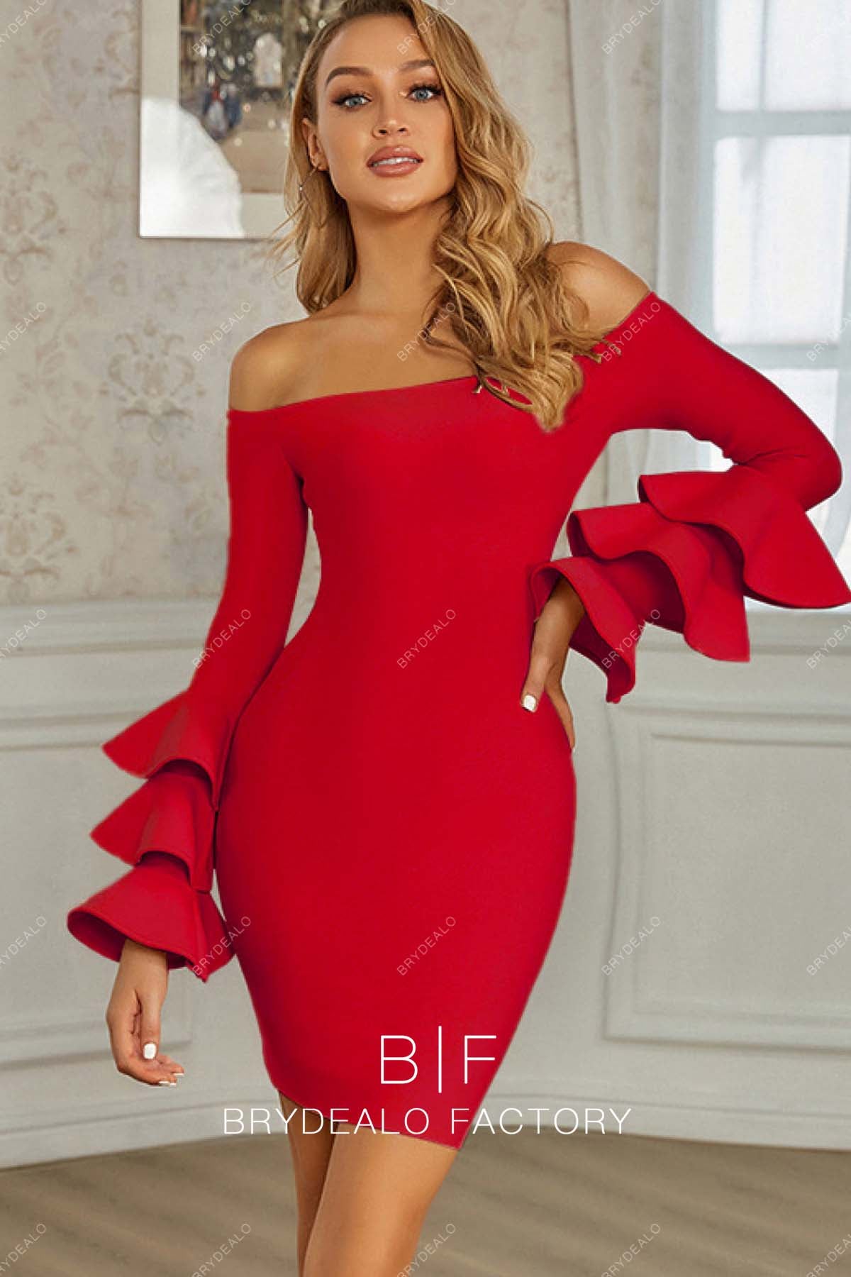 Red Off Shoulder Layered Sleeves Bodycon Cocktail Homecoming Dress Red Off Shoulder Layered Sleeves Bodycon Cocktail Homecoming Dress