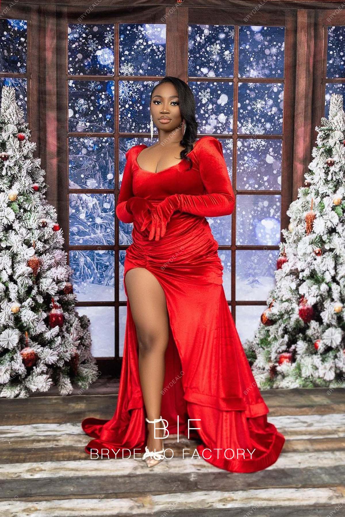 Red Long Sleeve Fit and Flare Long Xmas Dress