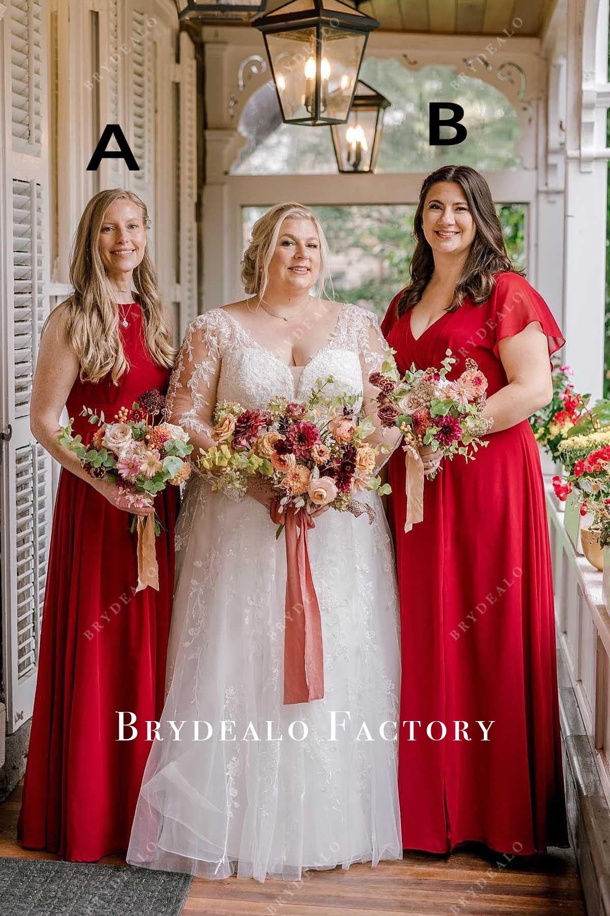 red long mismatched bridesmaid dresses