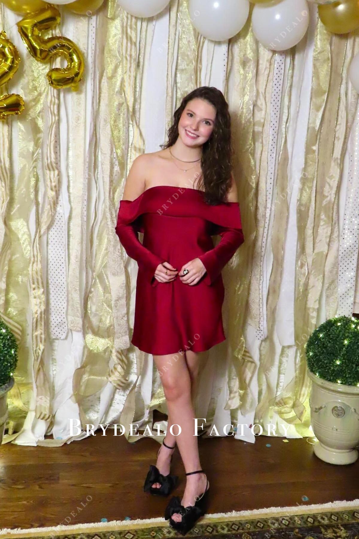 red long sleeves prom dress