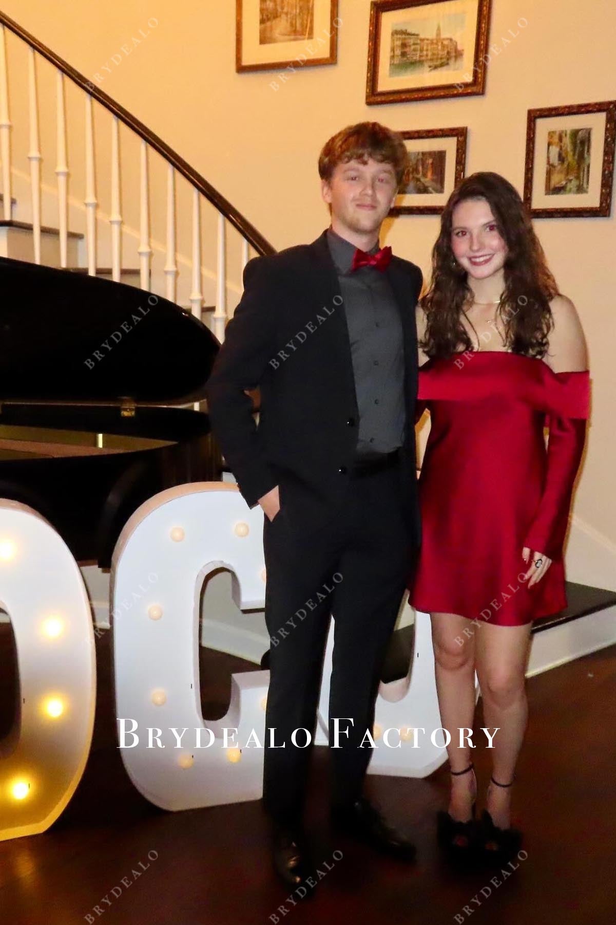 red off shoulder prom dress