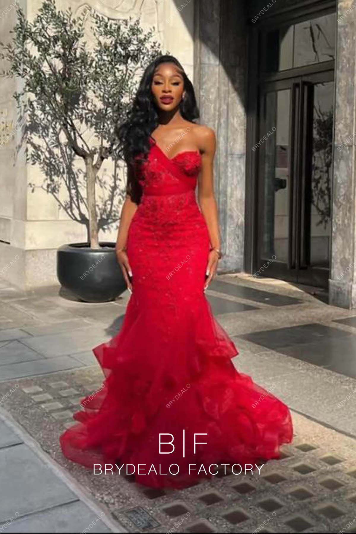 Red One Shoulder Sparkly Beading Sequins Tulle Trumpet Prom Dress