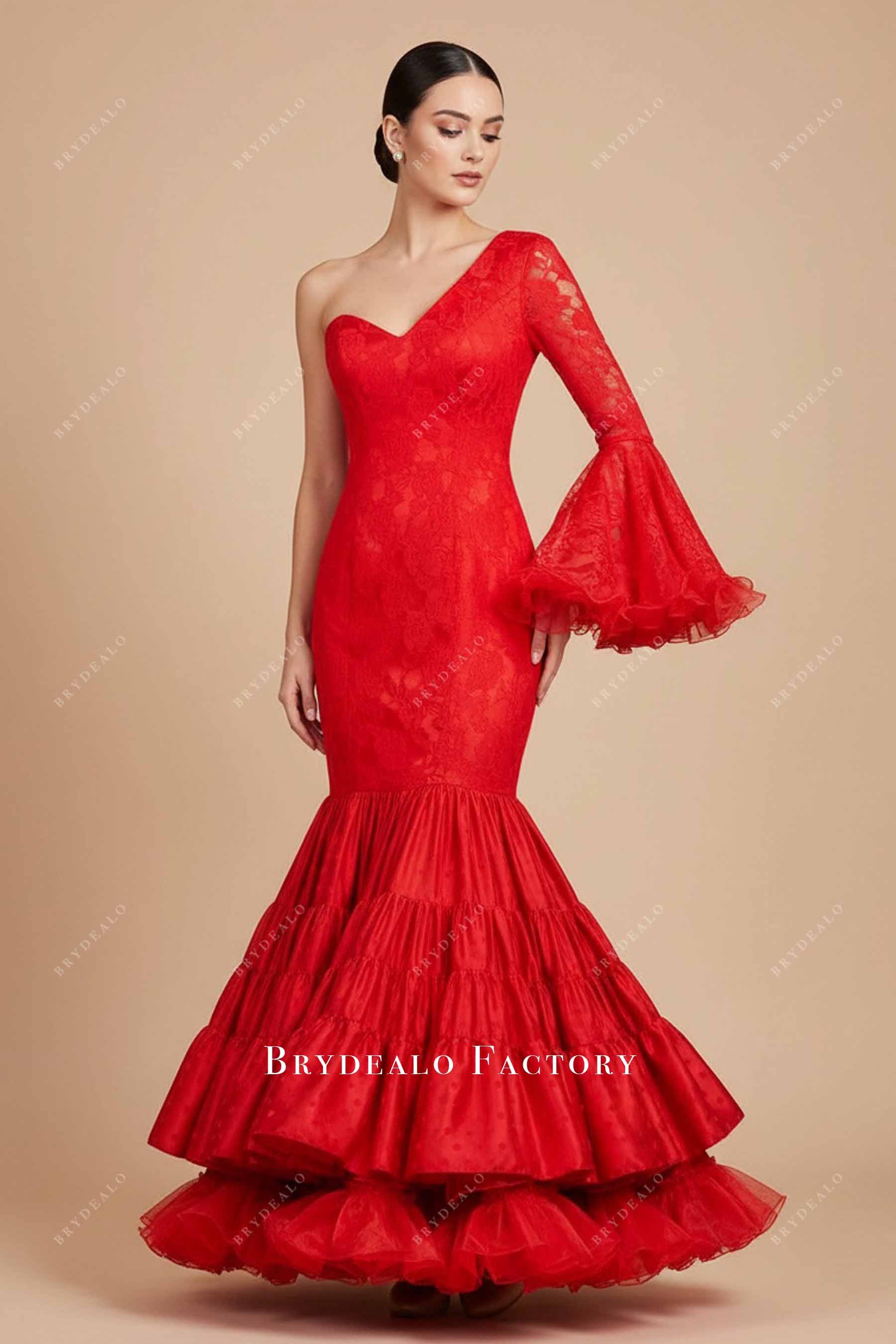 red mermaid trumpet dress Red Lace Unique One Sleeve Trumpet Prom Formal Dance Dress