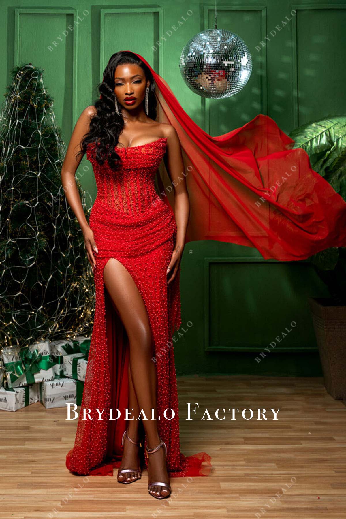 Bold Red Pearl Strapless Thigh Slit Christmas Holiday Prom Dress, Dress+Veil Bold Red Pearl Strapless Thigh Slit Christmas Holiday Prom Dress, Dress+Veil