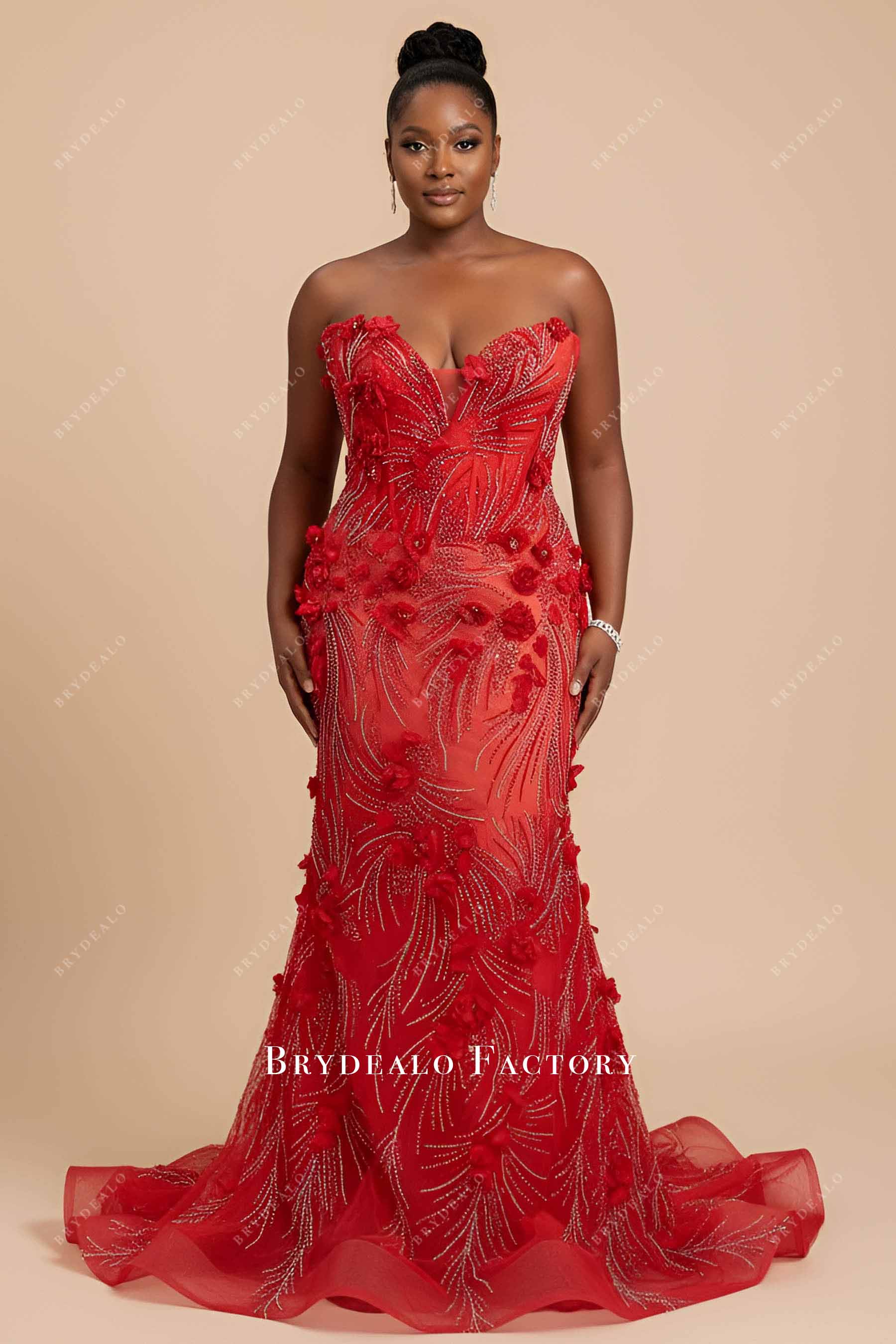 plus size red strapless dress Plus Size 3D Floral Lace Strapless Red Mermaid Prom Dress