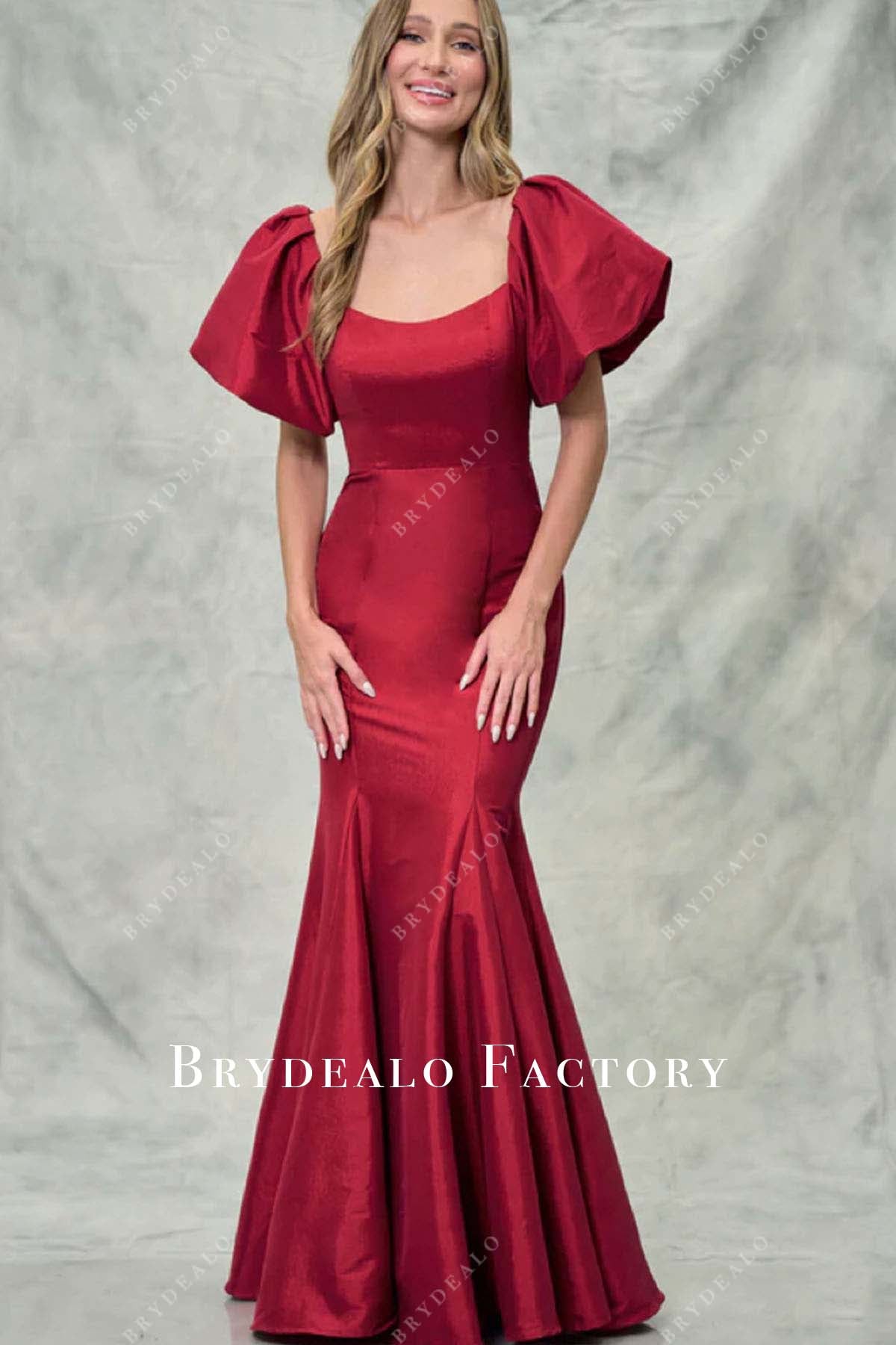 red puffy sleeves trumpet prom dress