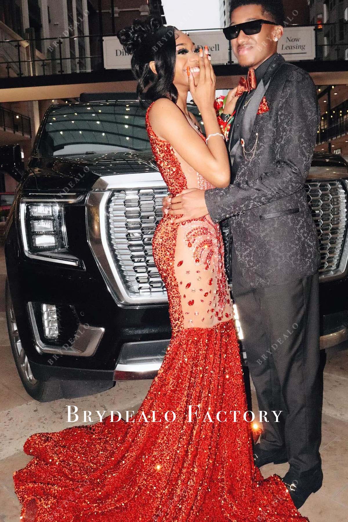 red rhinestones sequined trumpet prom dress