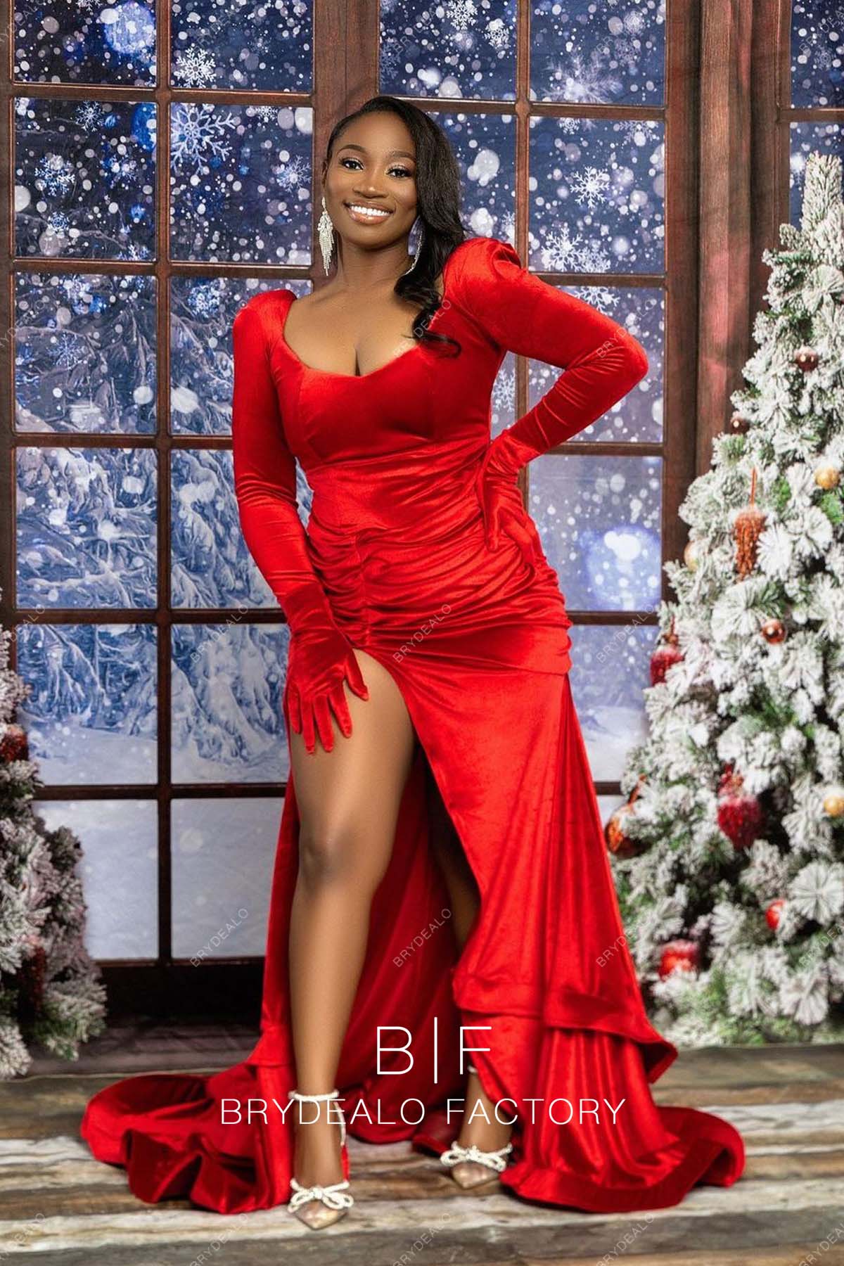 Red Velvet Long Sleeve Sexy Slit Long Christmas Day Dress