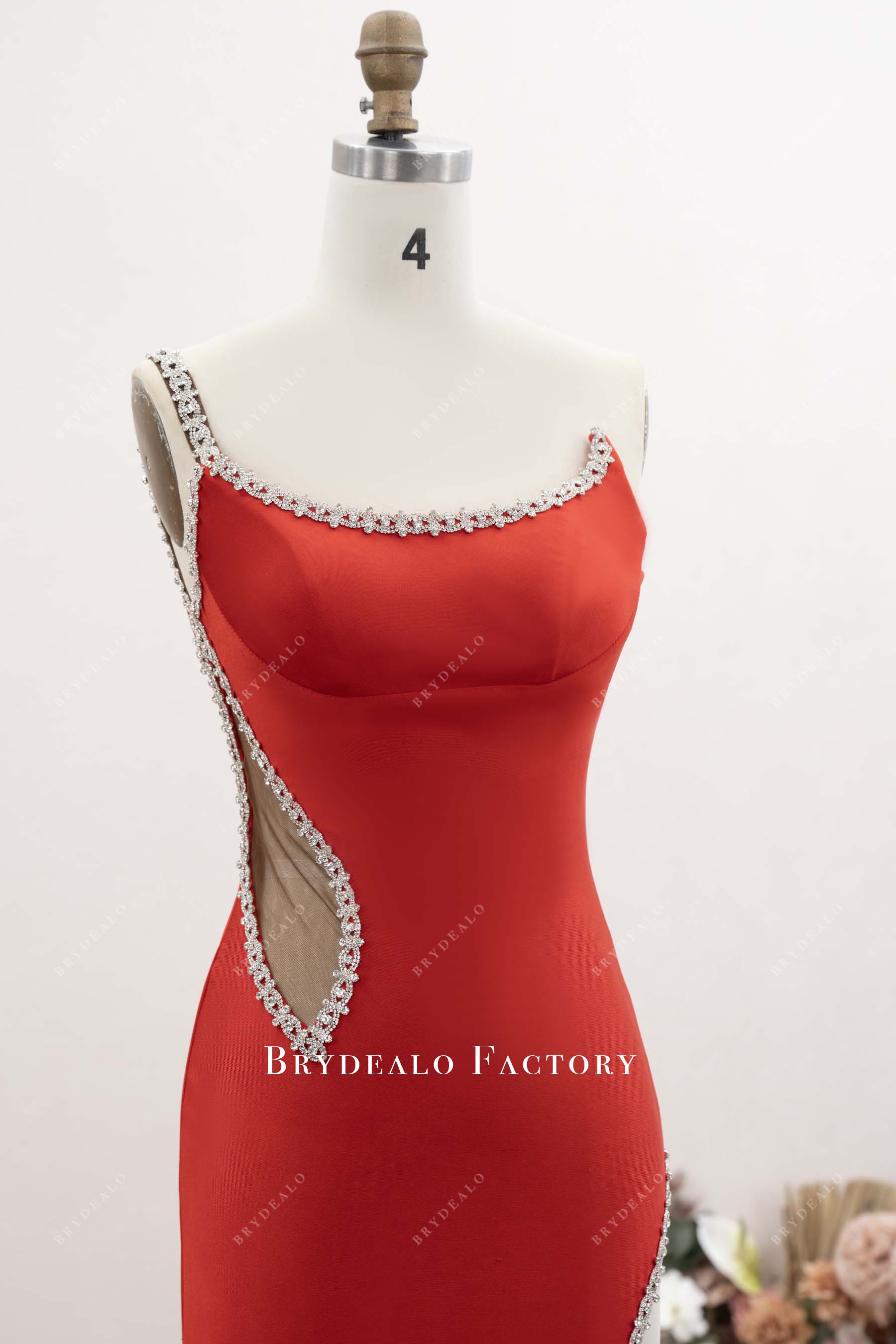 red scoop neck formal dress