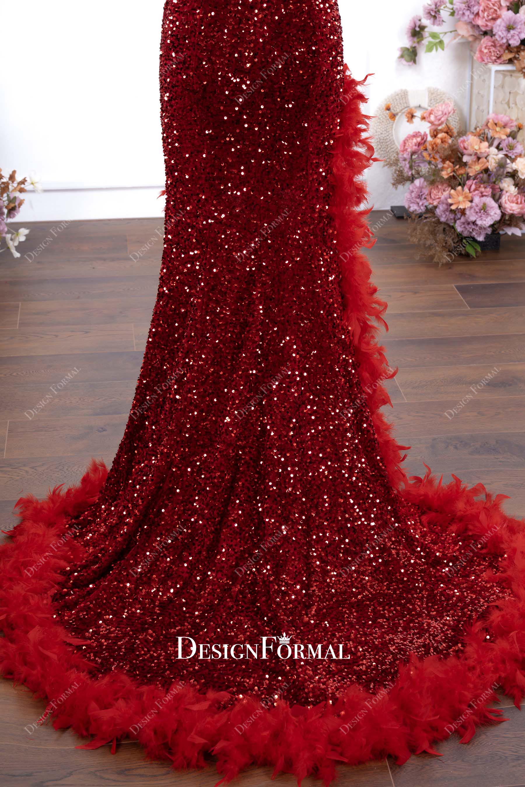 red sequin feathered trim prom dress