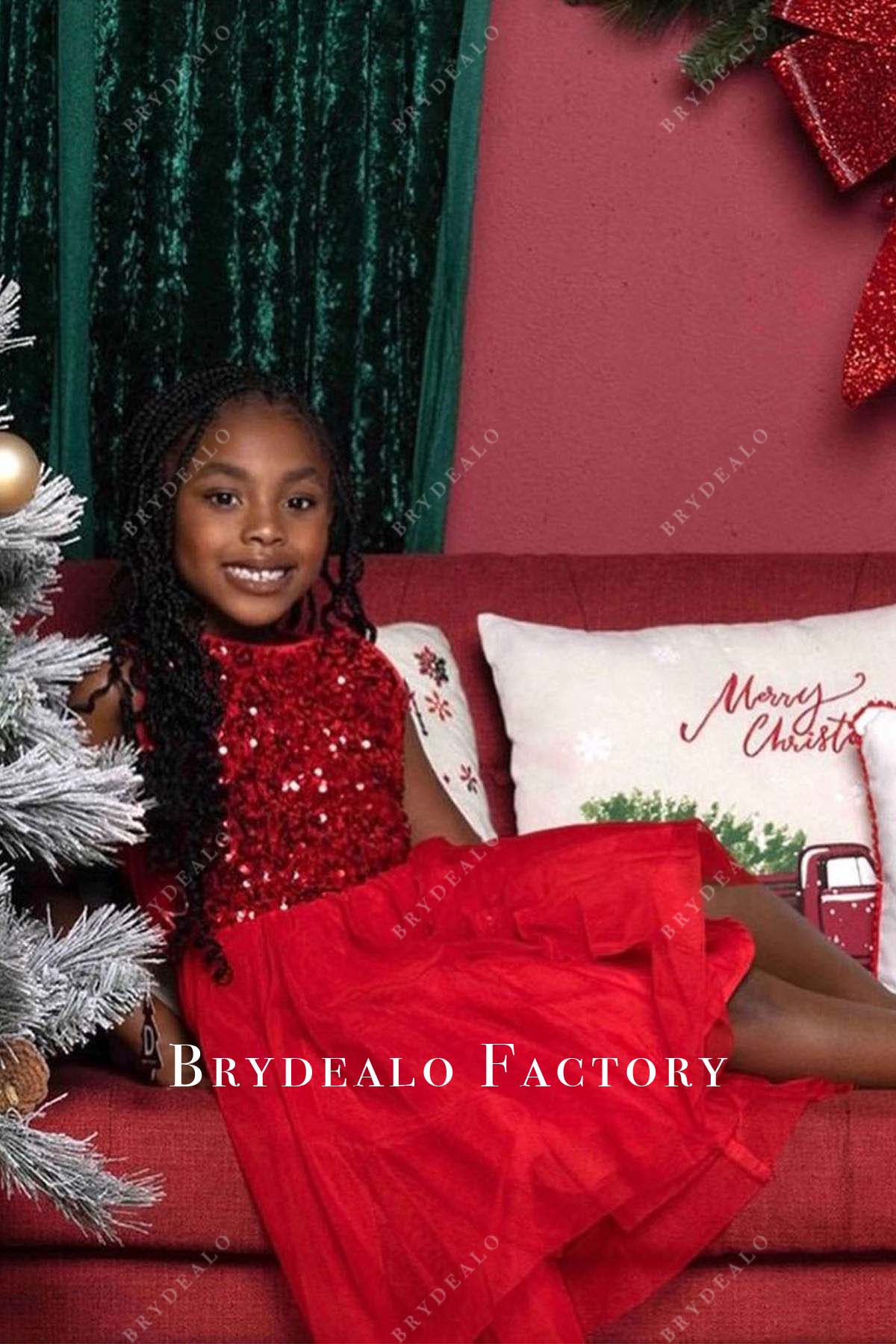fitted lace wedding dress Girl Christmas Dress First Communion Dress Red Sequin Round Neck Birthday Party Princess Dress, Red / 11-12 Years (160cm) main image 0