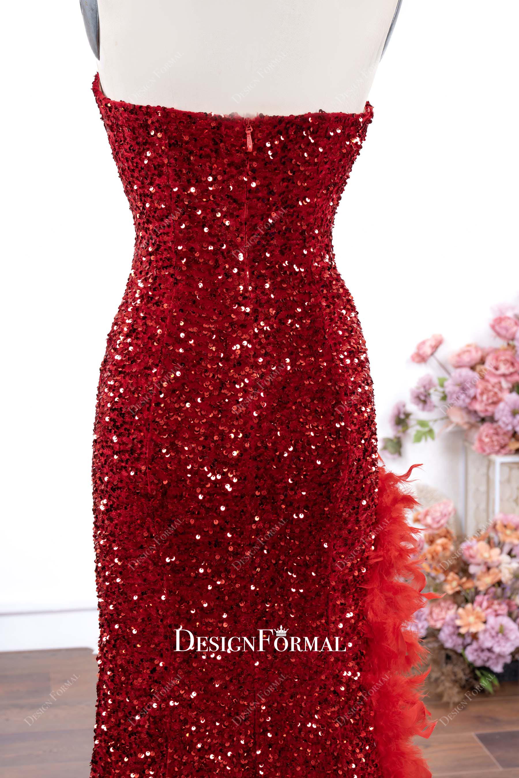 red sequin strapless backless prom dress