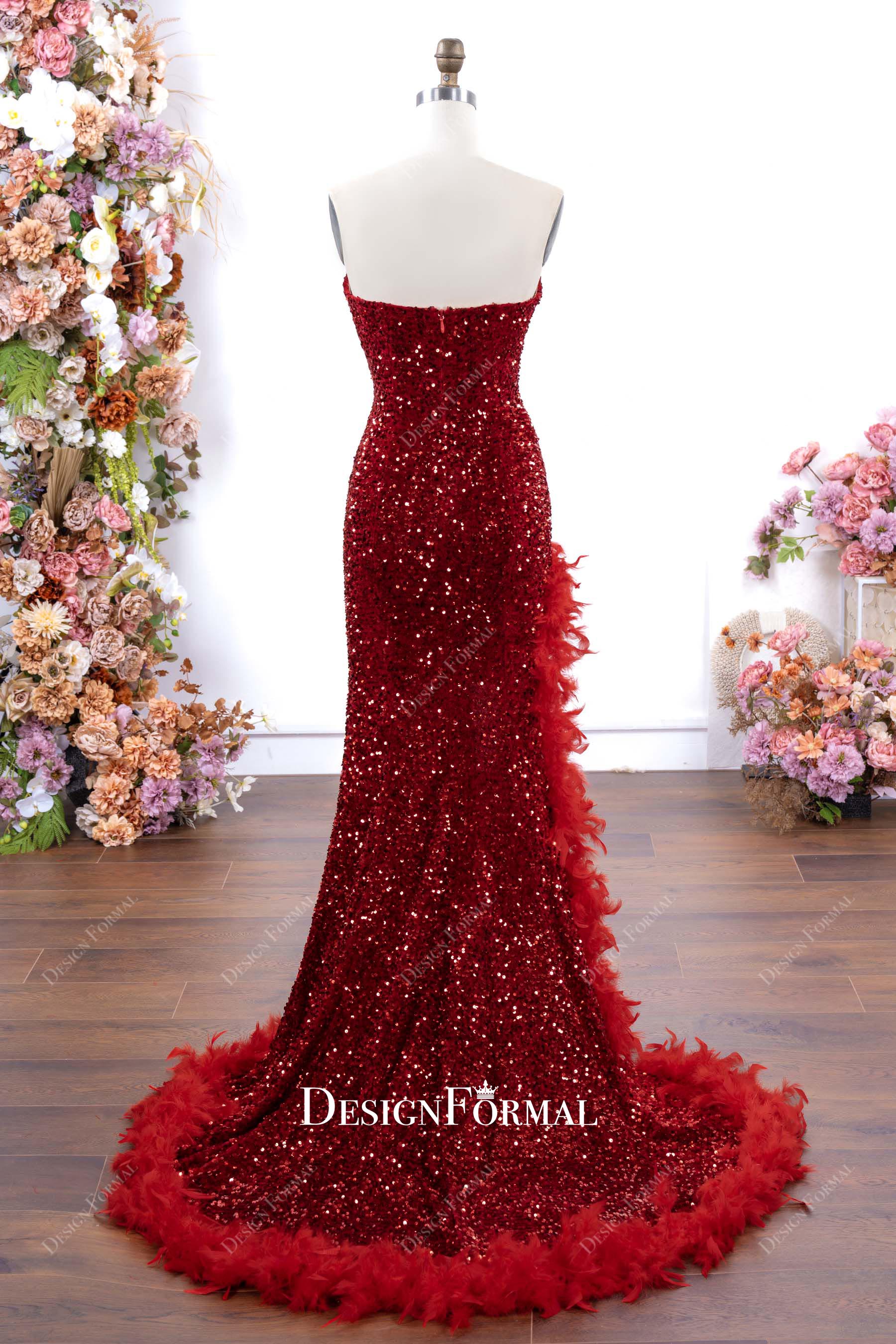 red sequin strapless fit flare prom dress