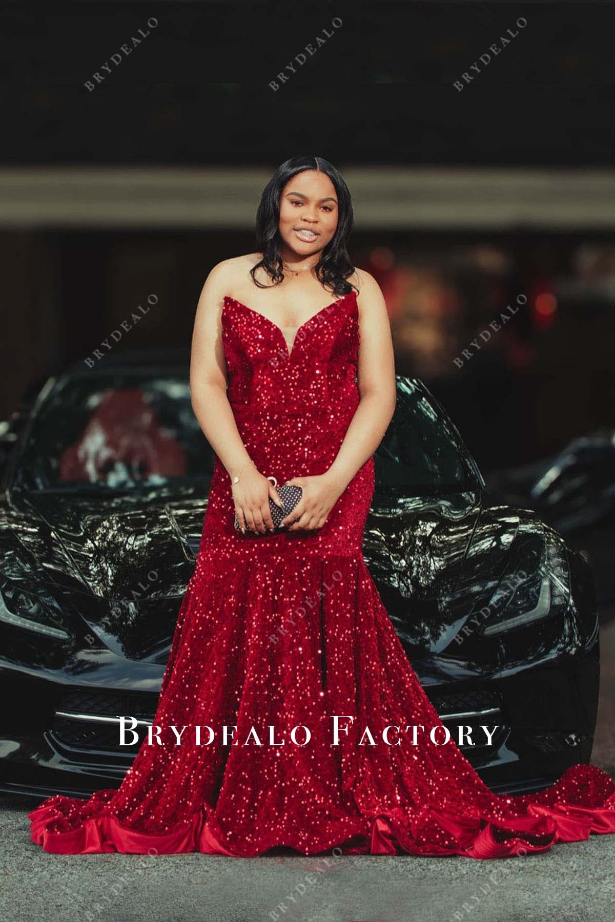 red sequin strapless mermaid prom formal dress