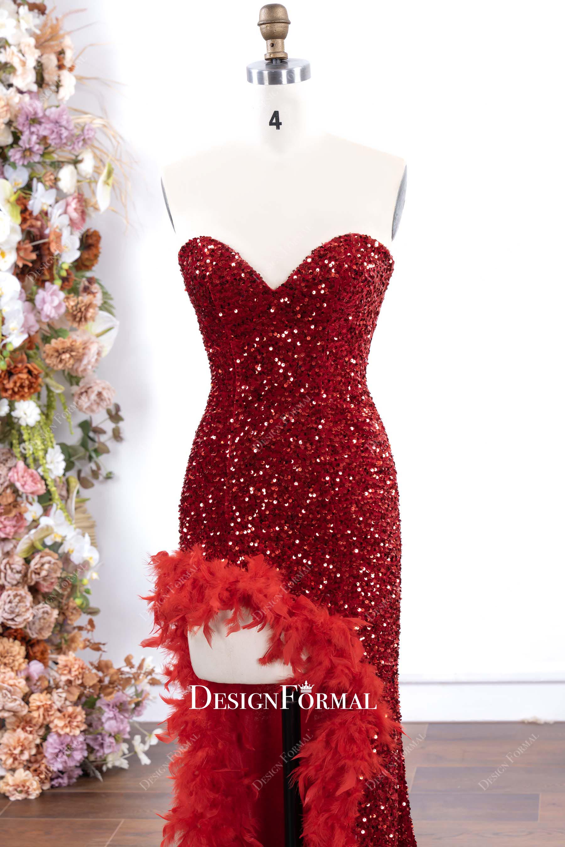 red sequin strapless split mermaid prom dress