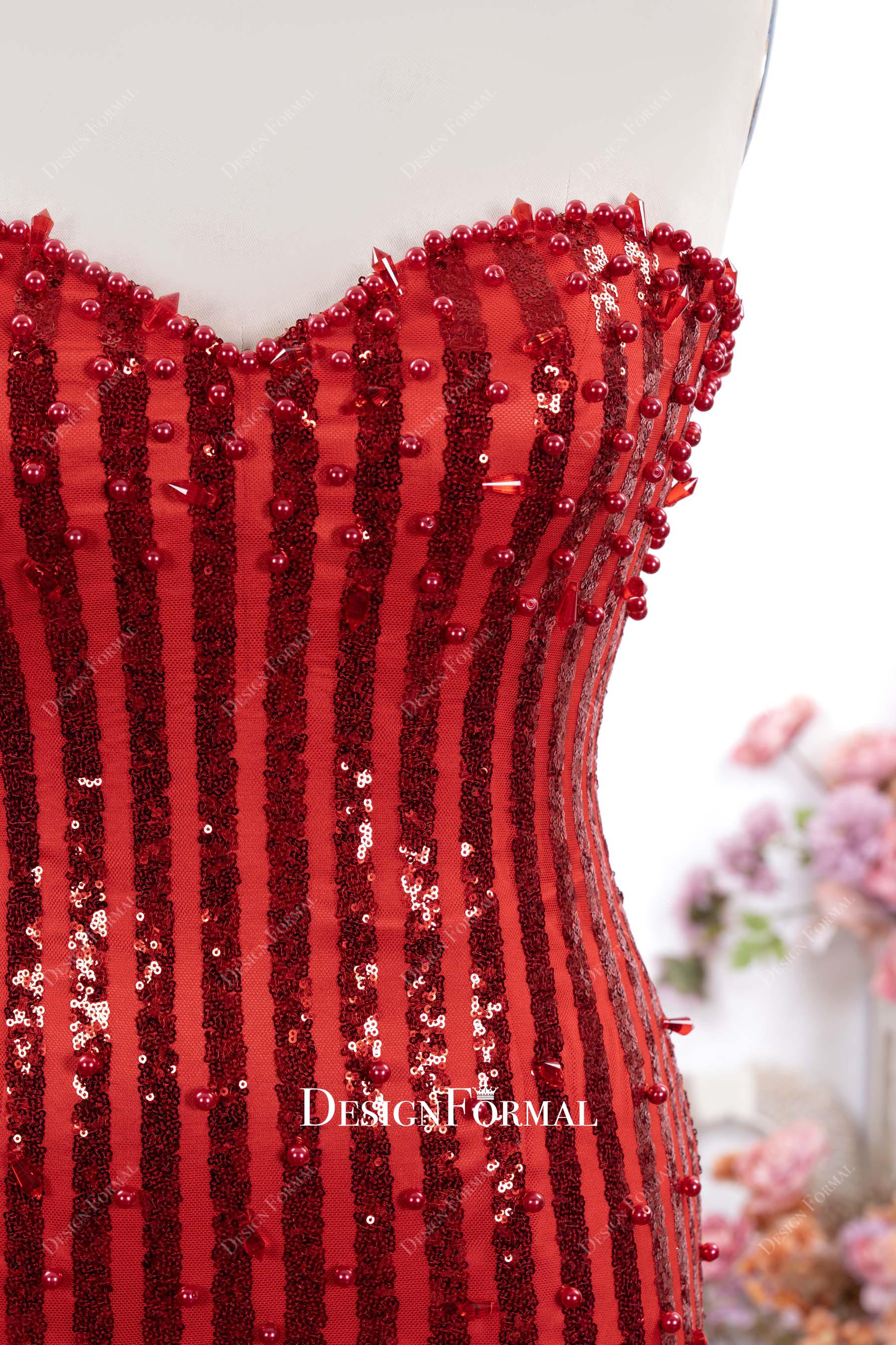 red sequin strapless sweetheart prom dress