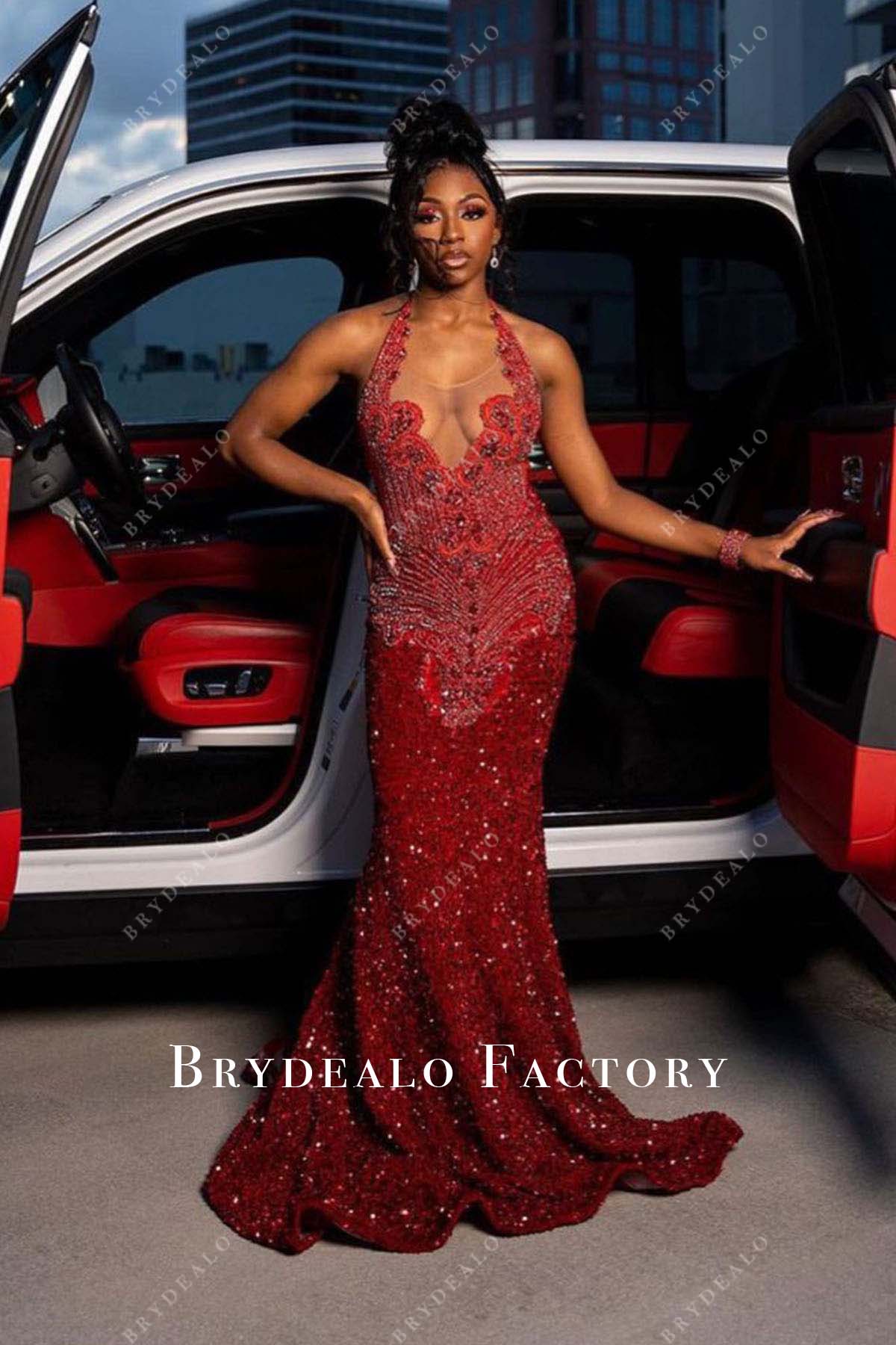 red sequined halter mermaid prom dress