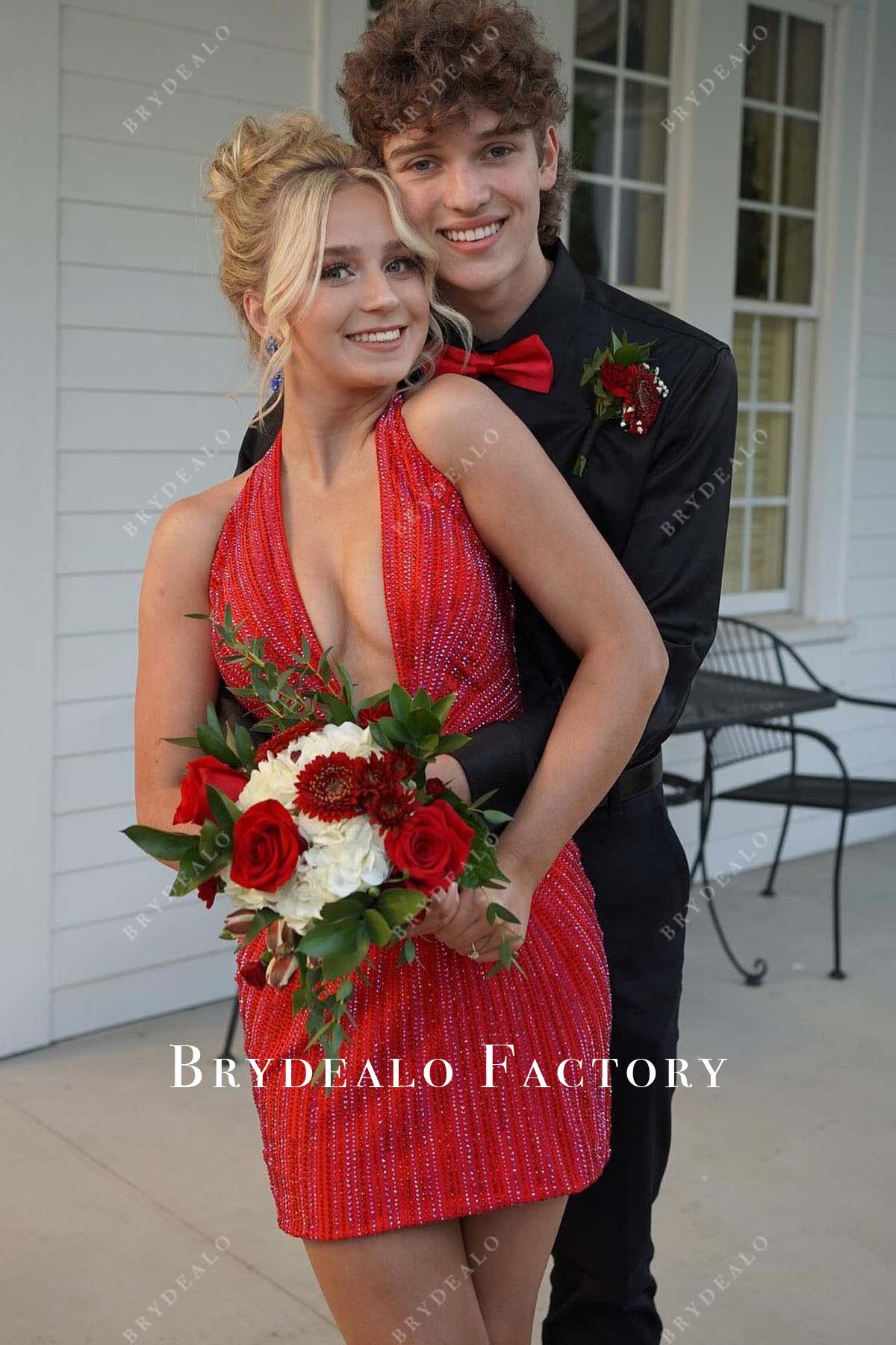 red sequined halter mini homecoming dress