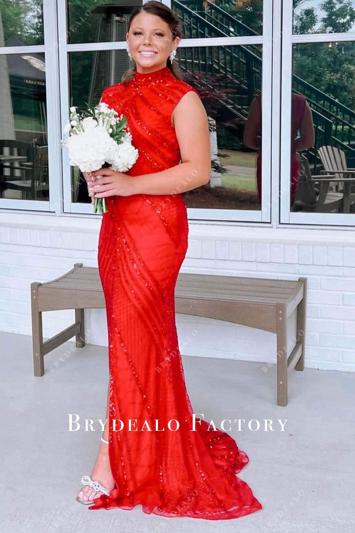 Red Sequined High Neck Mermaid Homecoming Dress