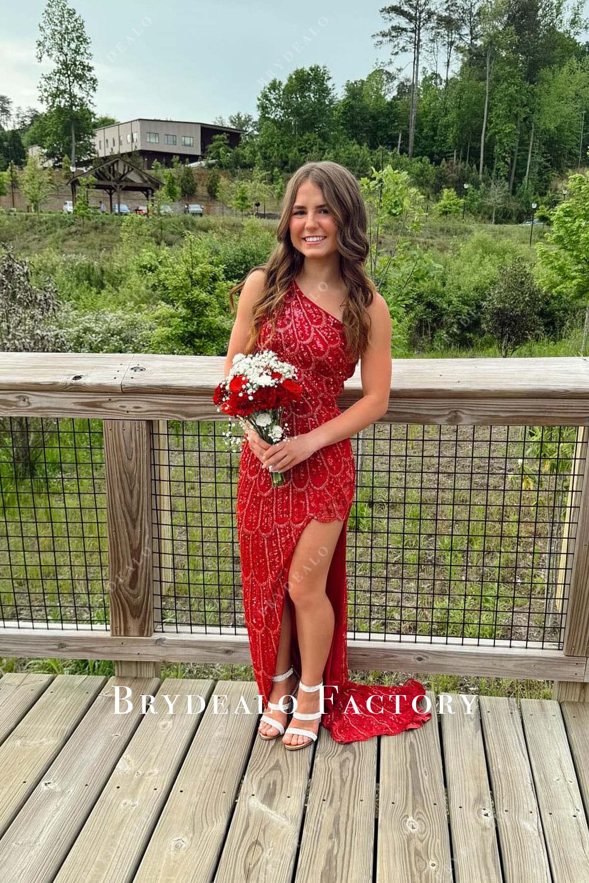 Red Sequined One Shoulder High To Low Homecoming Dress Red Sequined One Shoulder High To Low Homecoming Dress