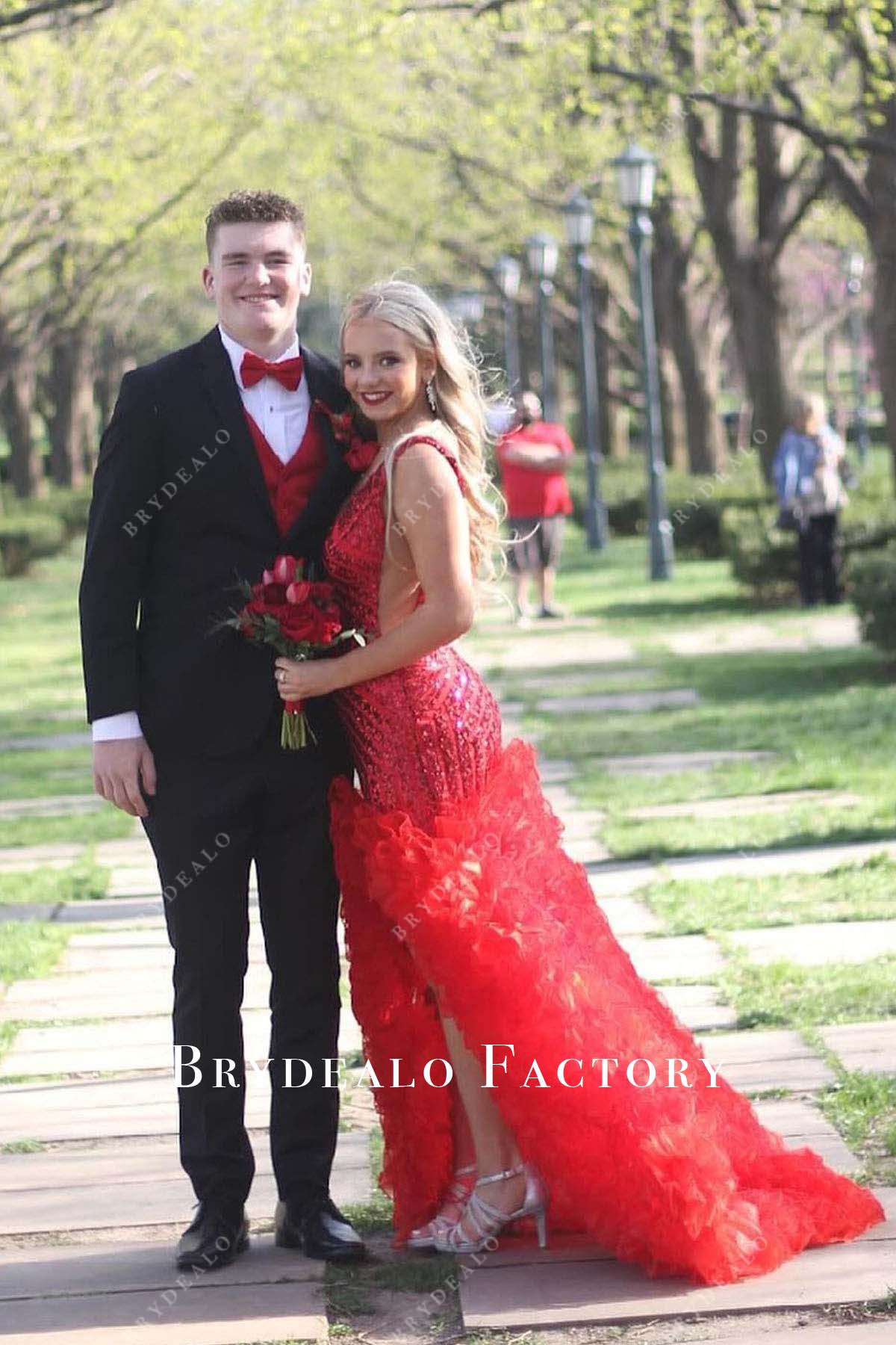 red sequined high to low homecoming dress