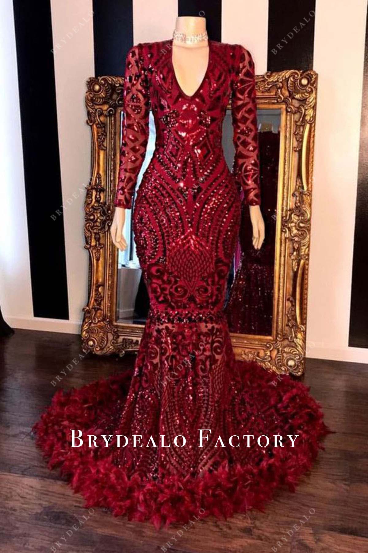 Red Sequined Embroidery Long Sleeves Trumpet Prom Dress