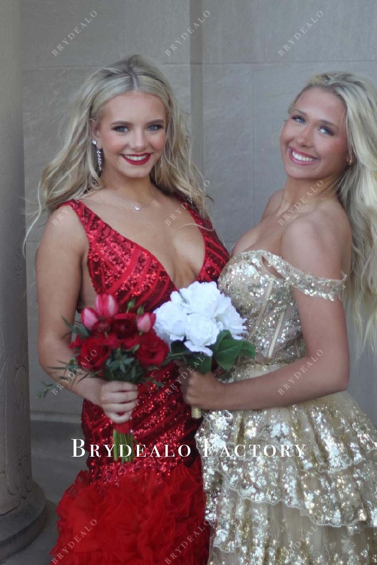 red sequined plunging neck ruffled homecoming dress